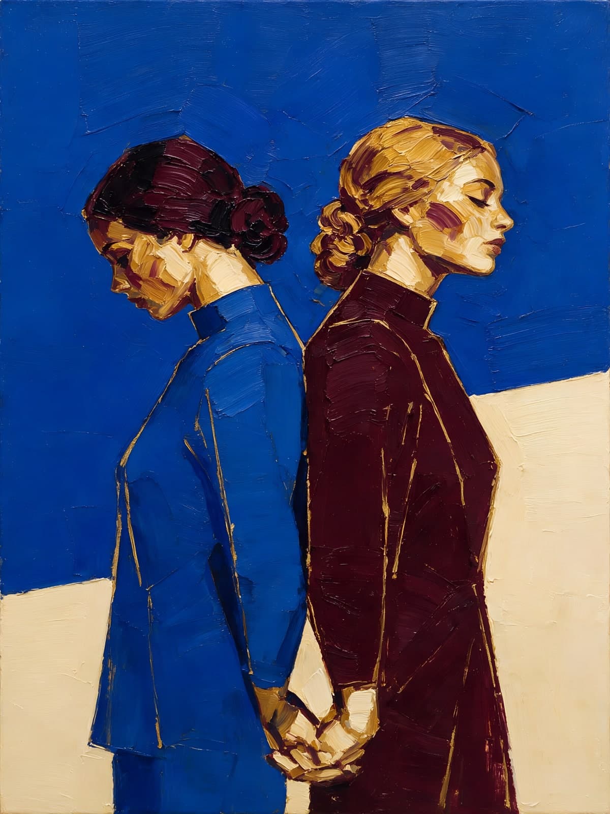 Twee vrouwen hand in hand tegen kobaltblauw