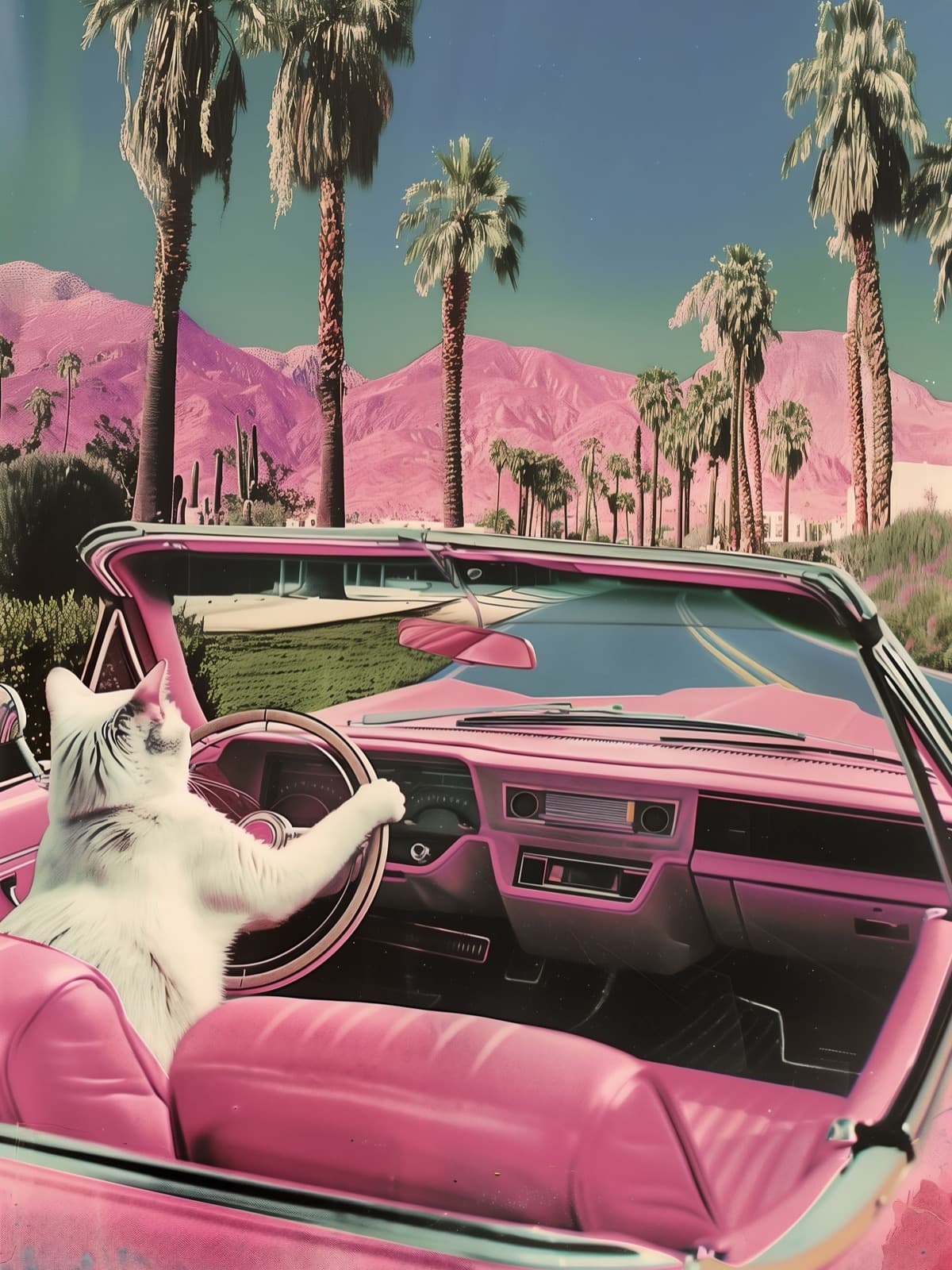 Witte kat in roze cabrio bij palmen