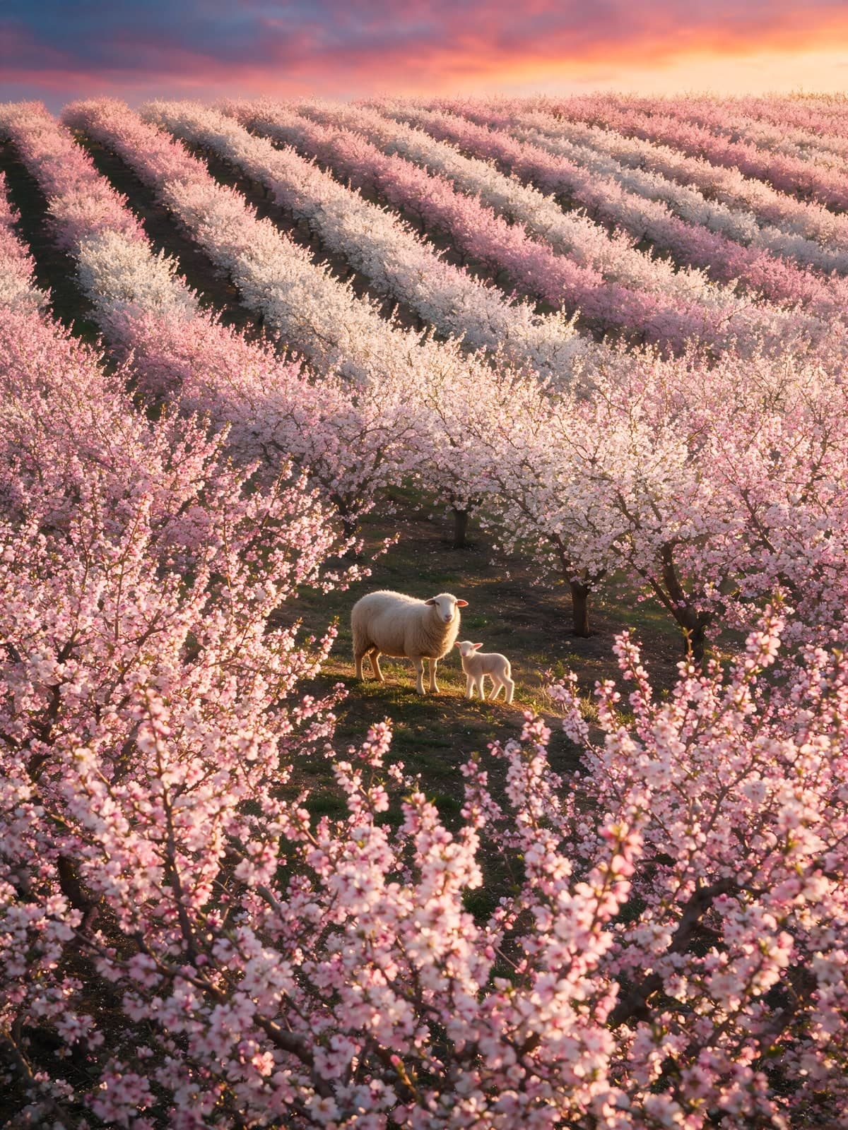 Schaap met lam tussen bloeiende fruitbomen