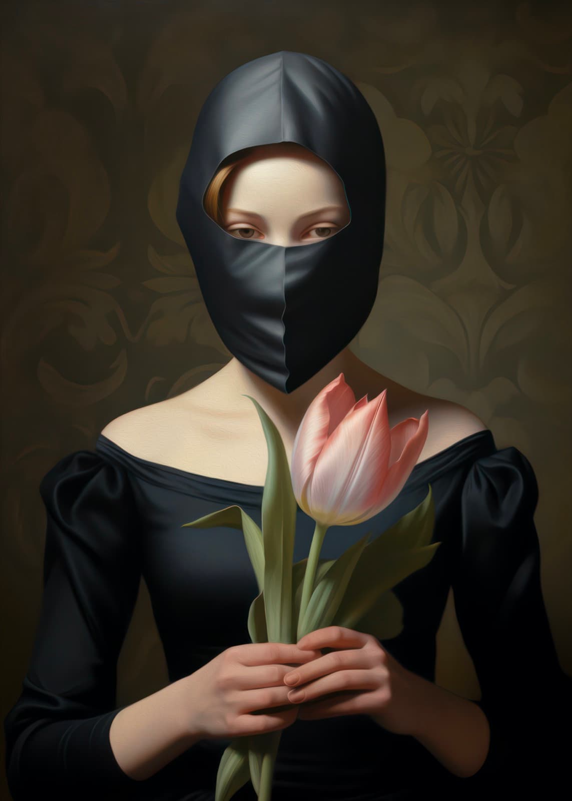 Vrouw met zwart masker en roze tulp