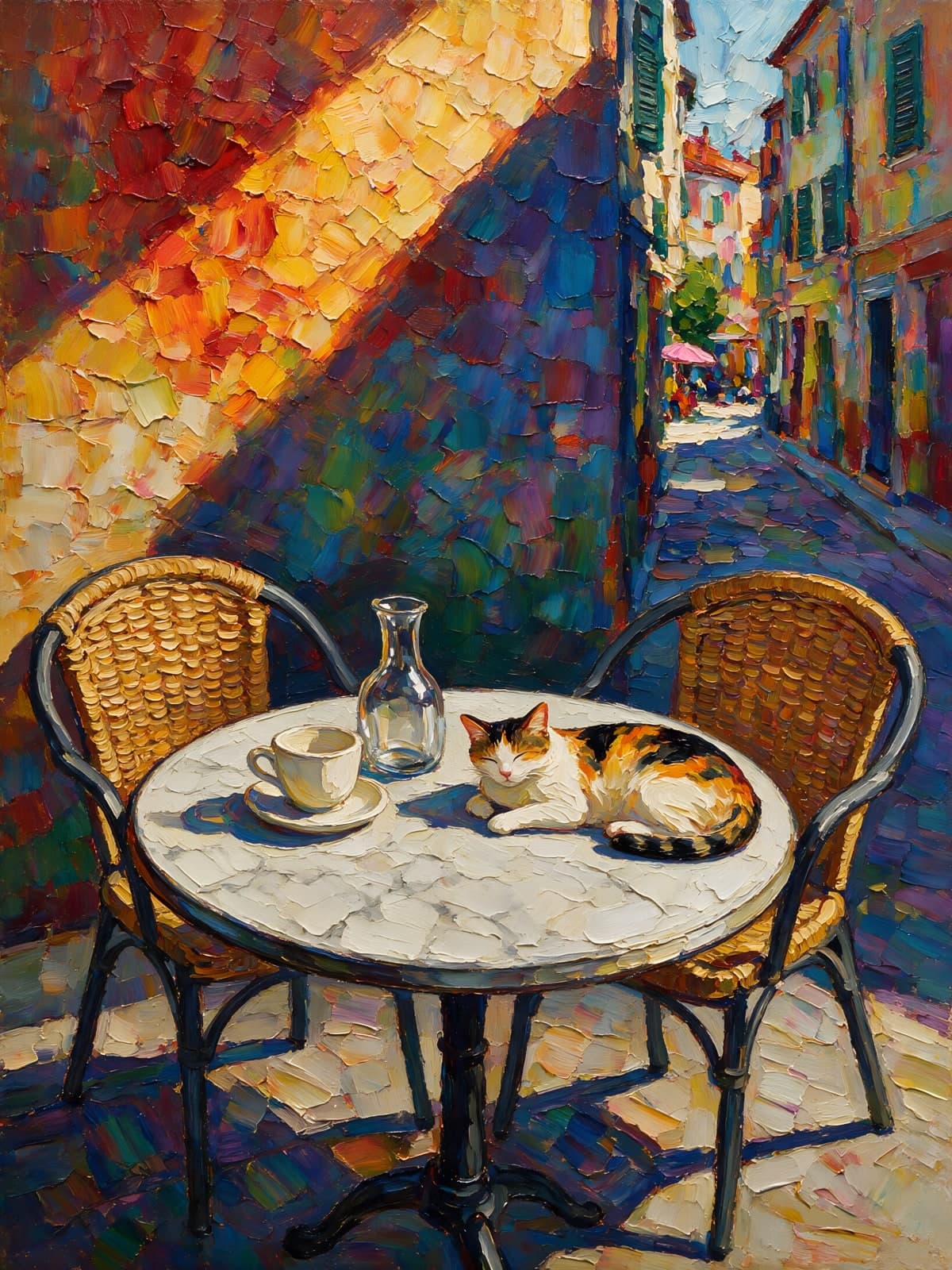 Poes op caféterras in zonnige steeg