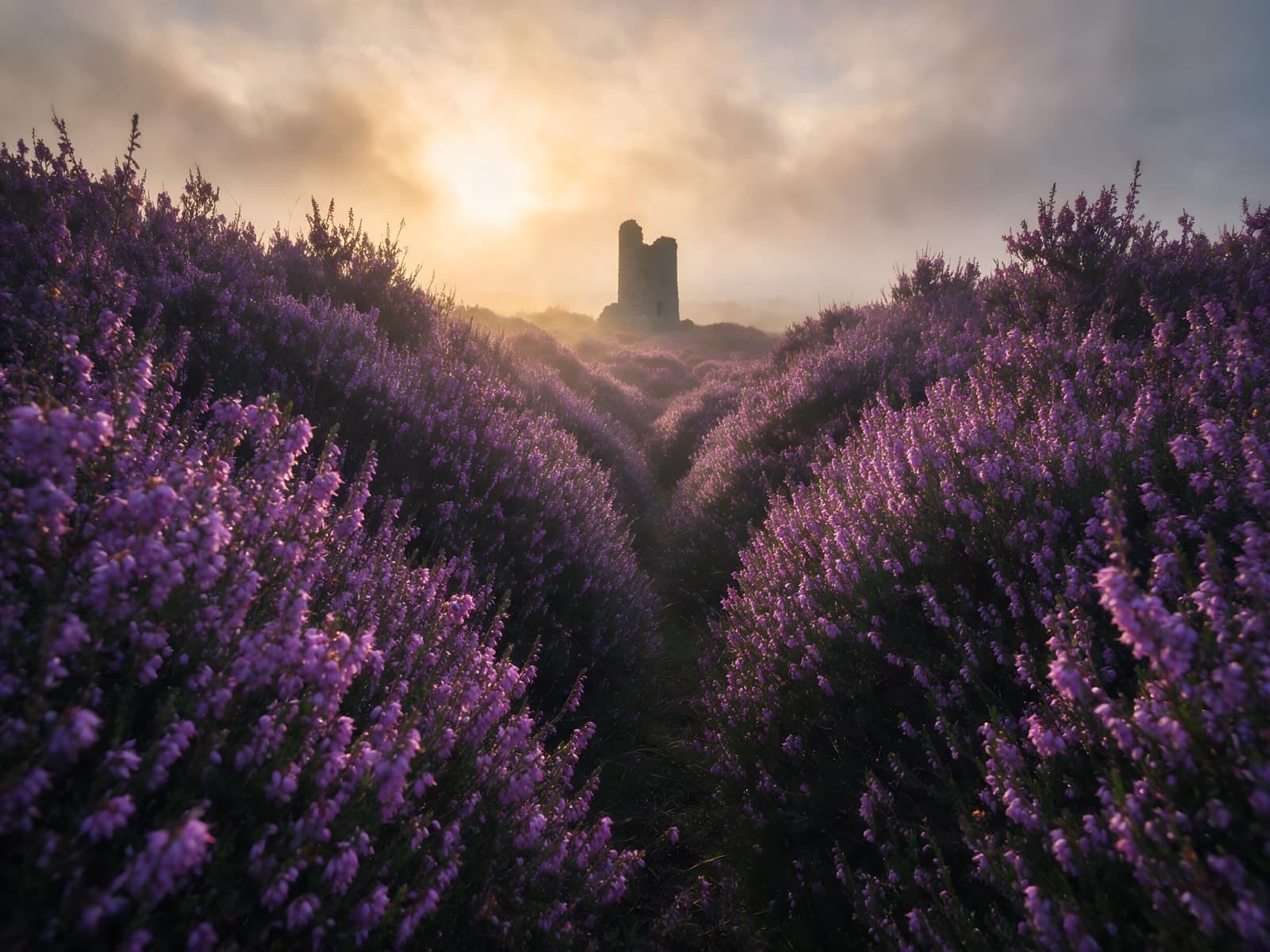 Lavendelvelden met toren bij zonsopkomst