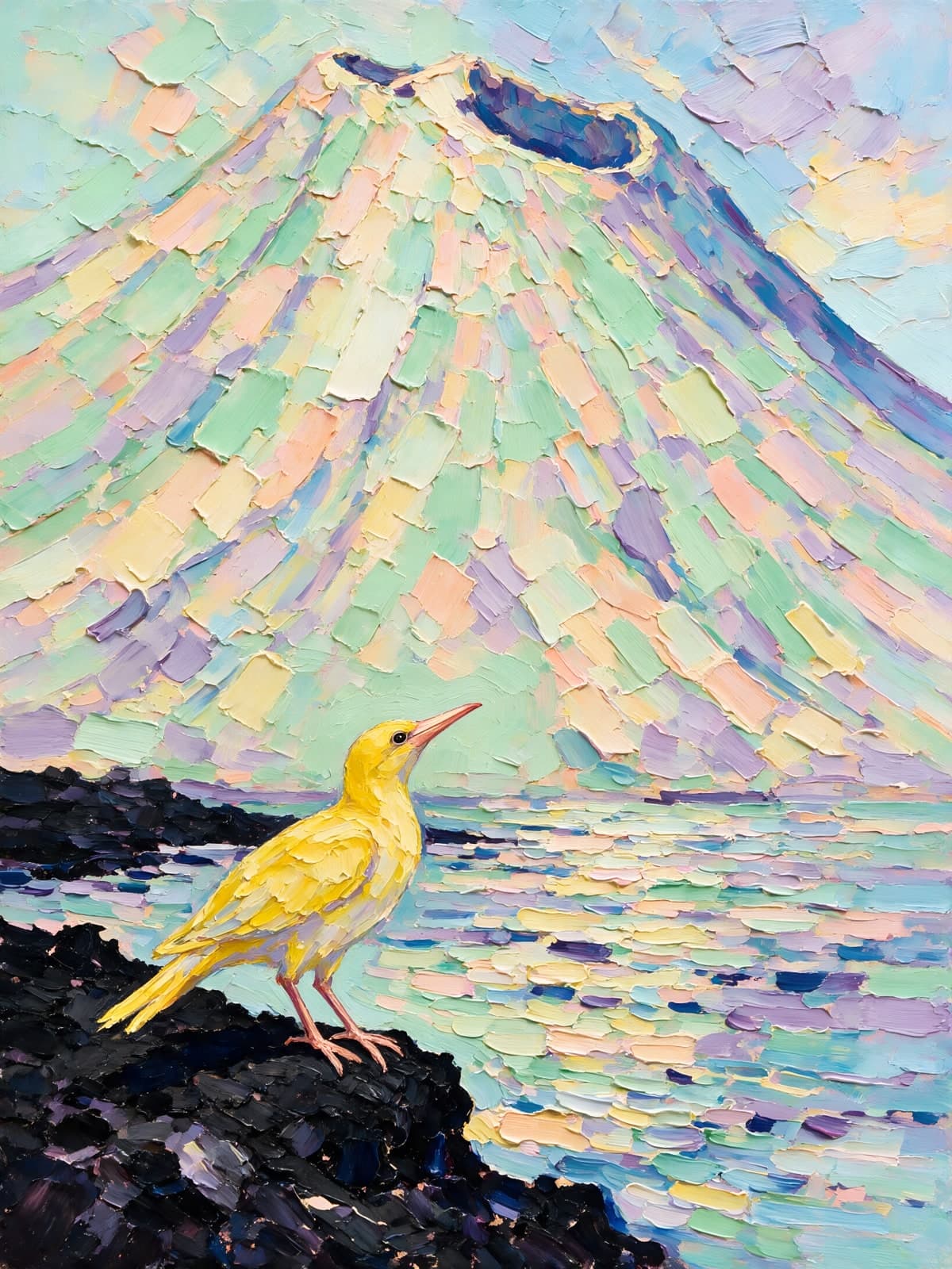 Gele vogel voor een pastelkleurige berg