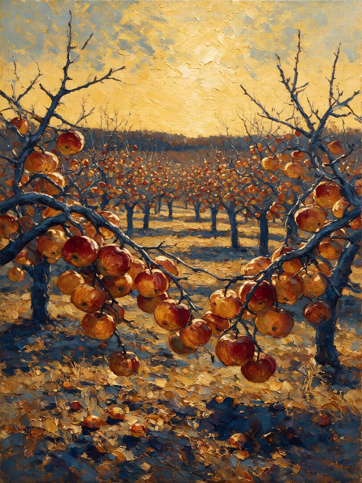 Appelboomgaard met rode appels bij zonsondergang