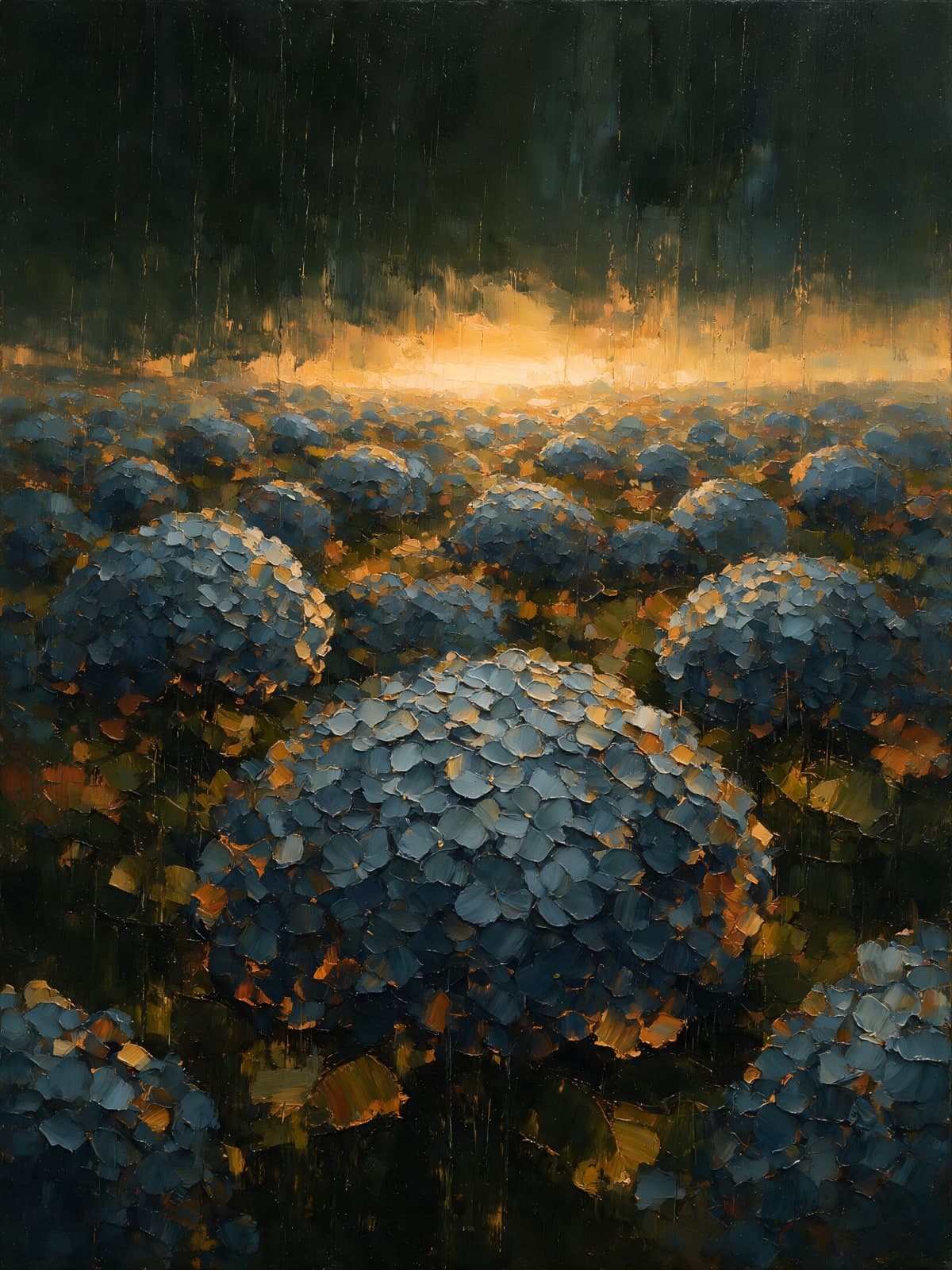 Blauwe hortensia's onder een gouden lichtstrook