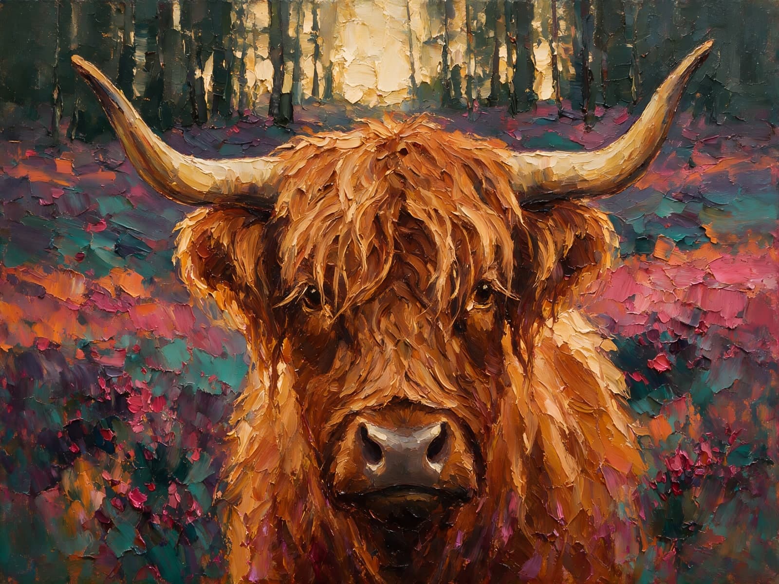 Hooglander met lange hoorns tussen roze heide