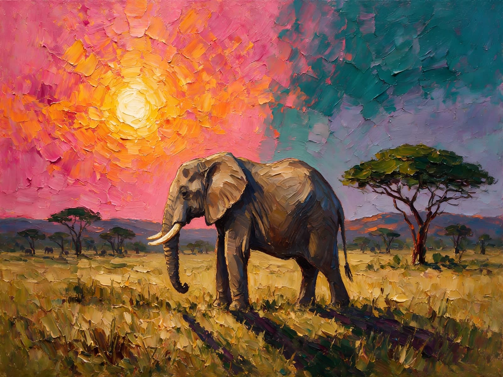 Olifant bij acaciabomen onder een roze avondhemel
