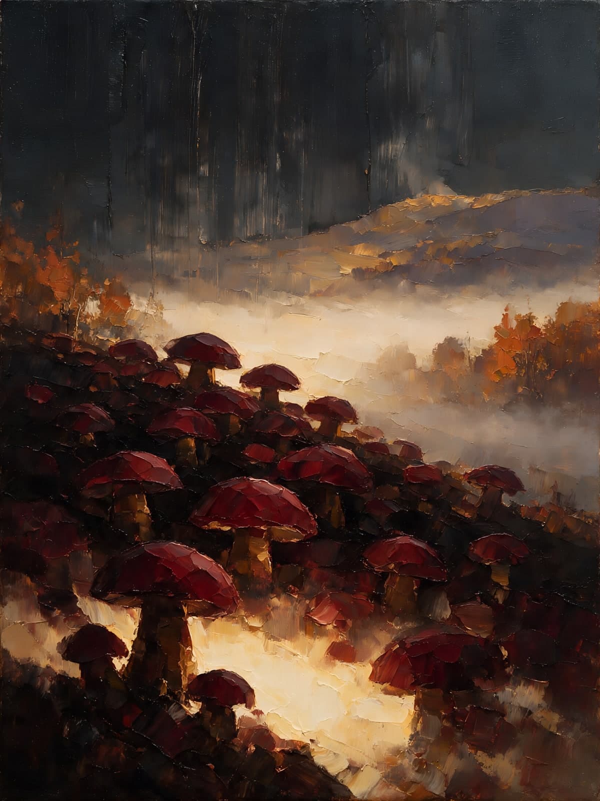 Rode paddenstoelen op heuvel in de mist