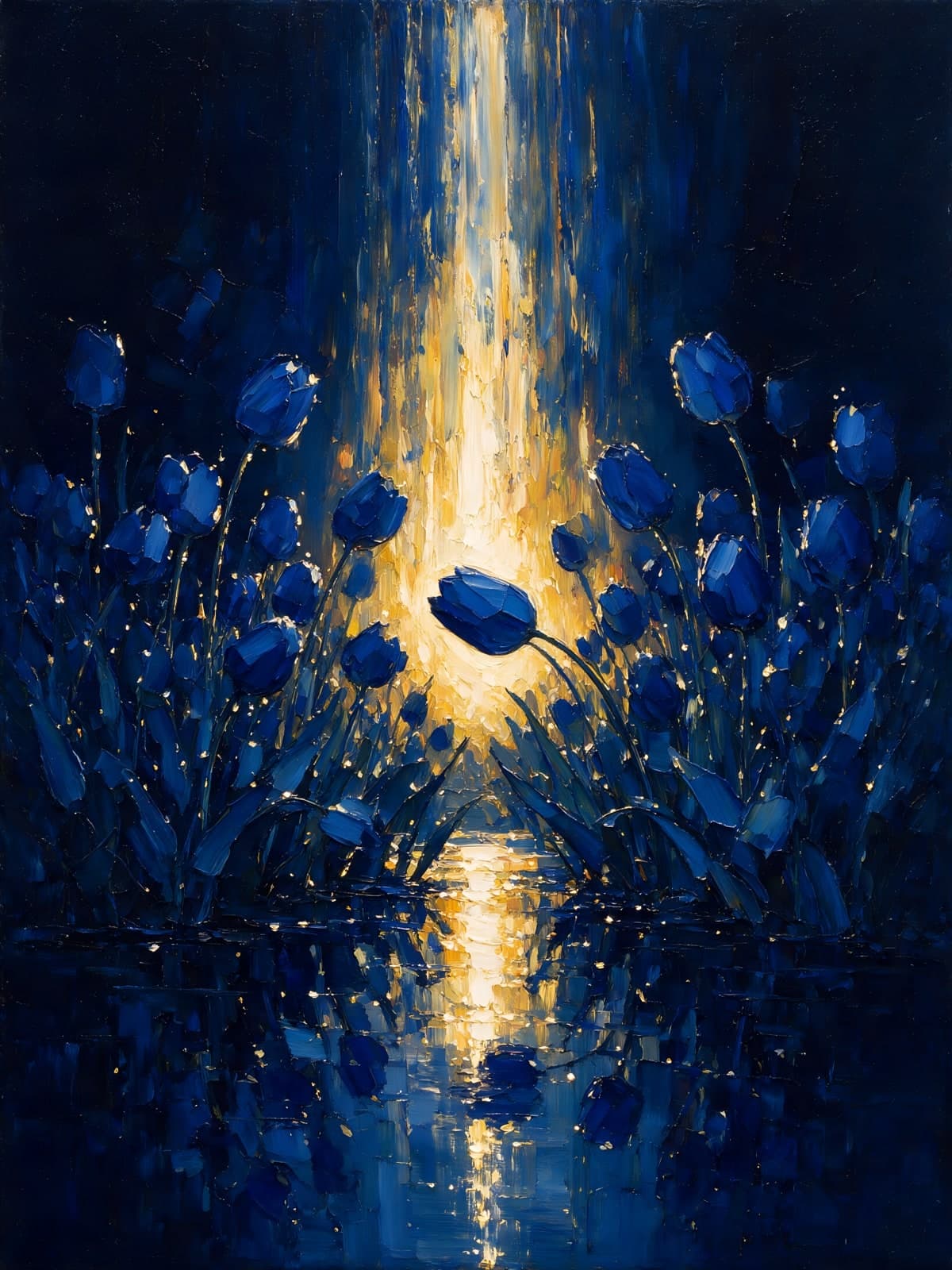 Blauwe tulpen in een baan van licht