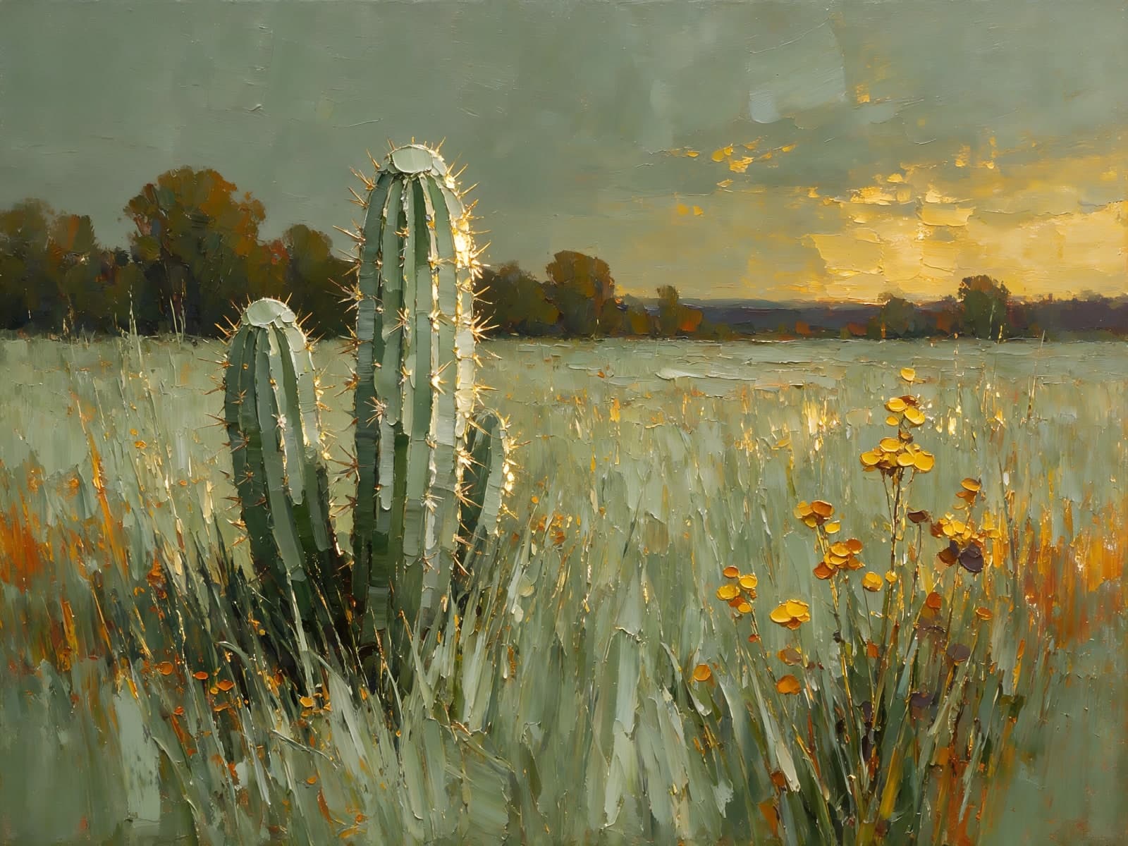 Cactus in grasveld bij zonsondergang