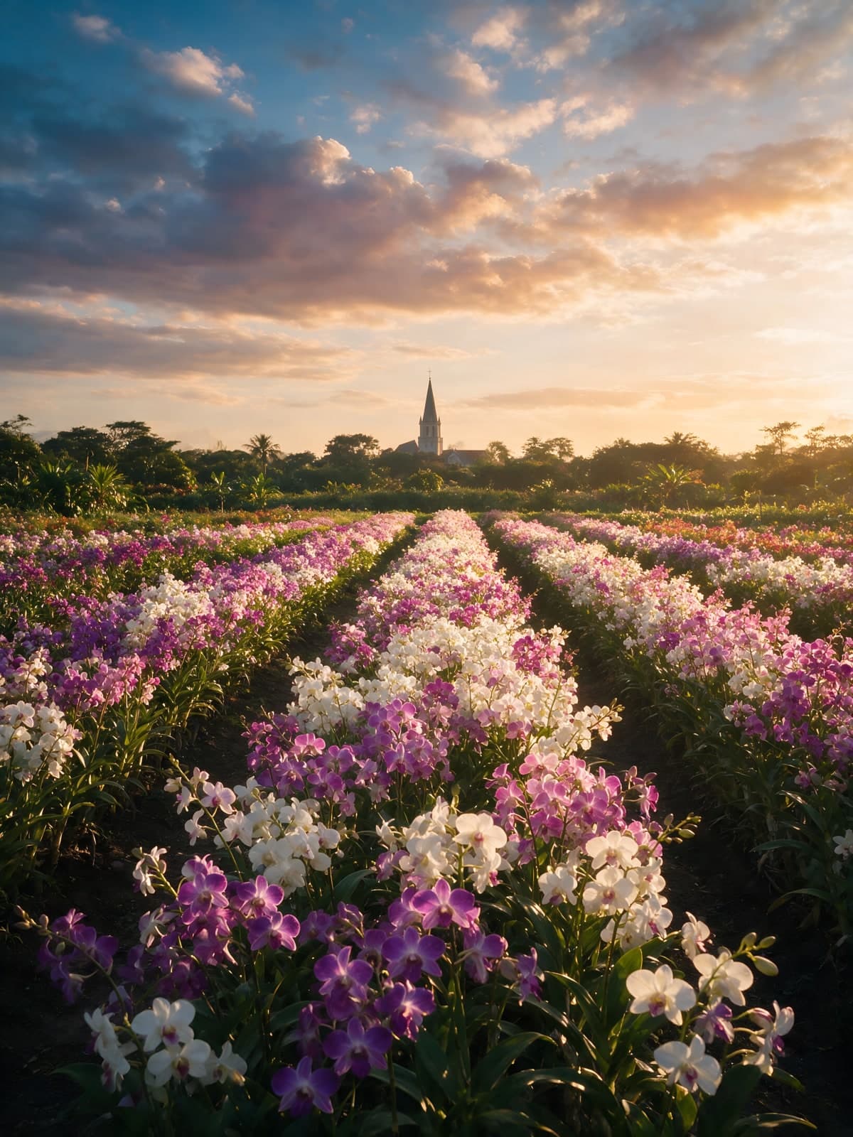 Paarse bloemenvelden met kerktoren bij avondlicht