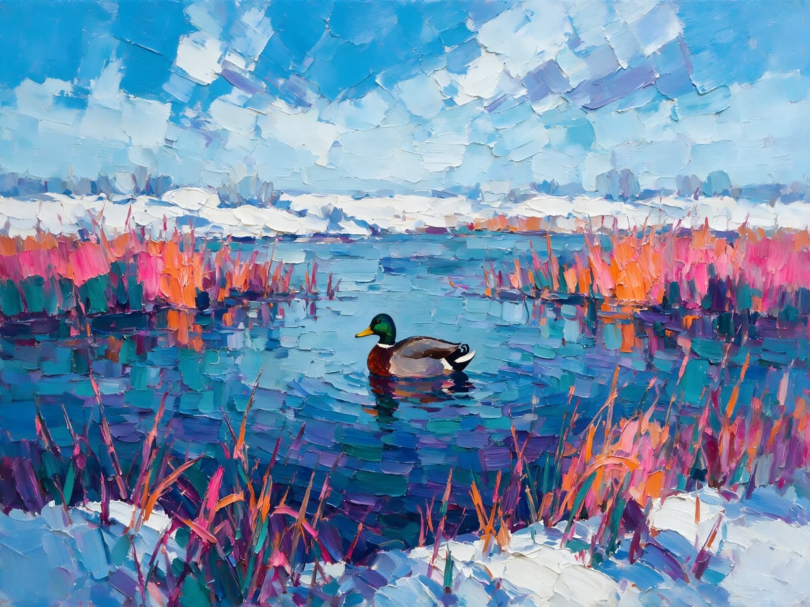 Eend op blauw water tussen roze riet