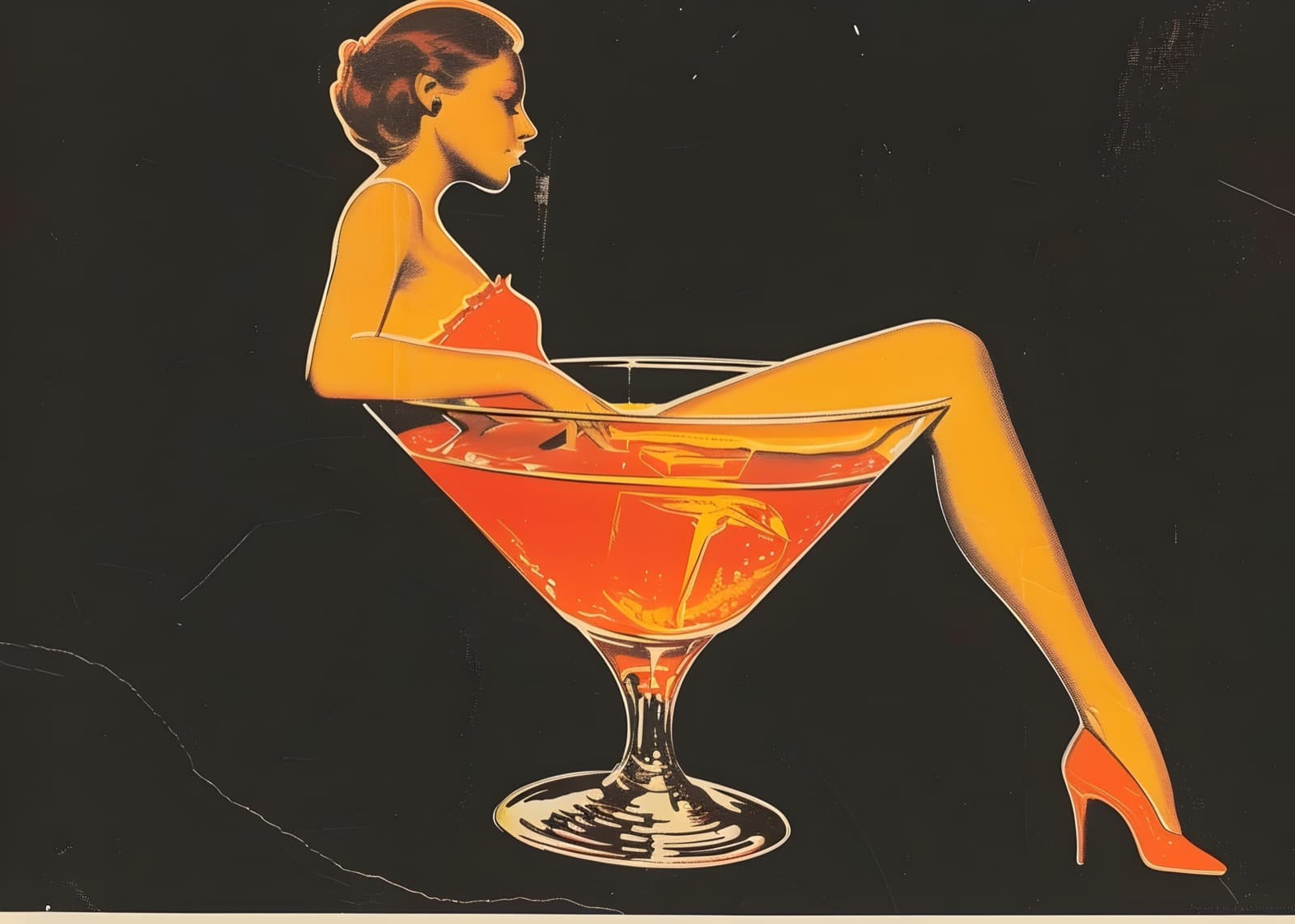 Vrouw zittend in een cocktailglas op zwart