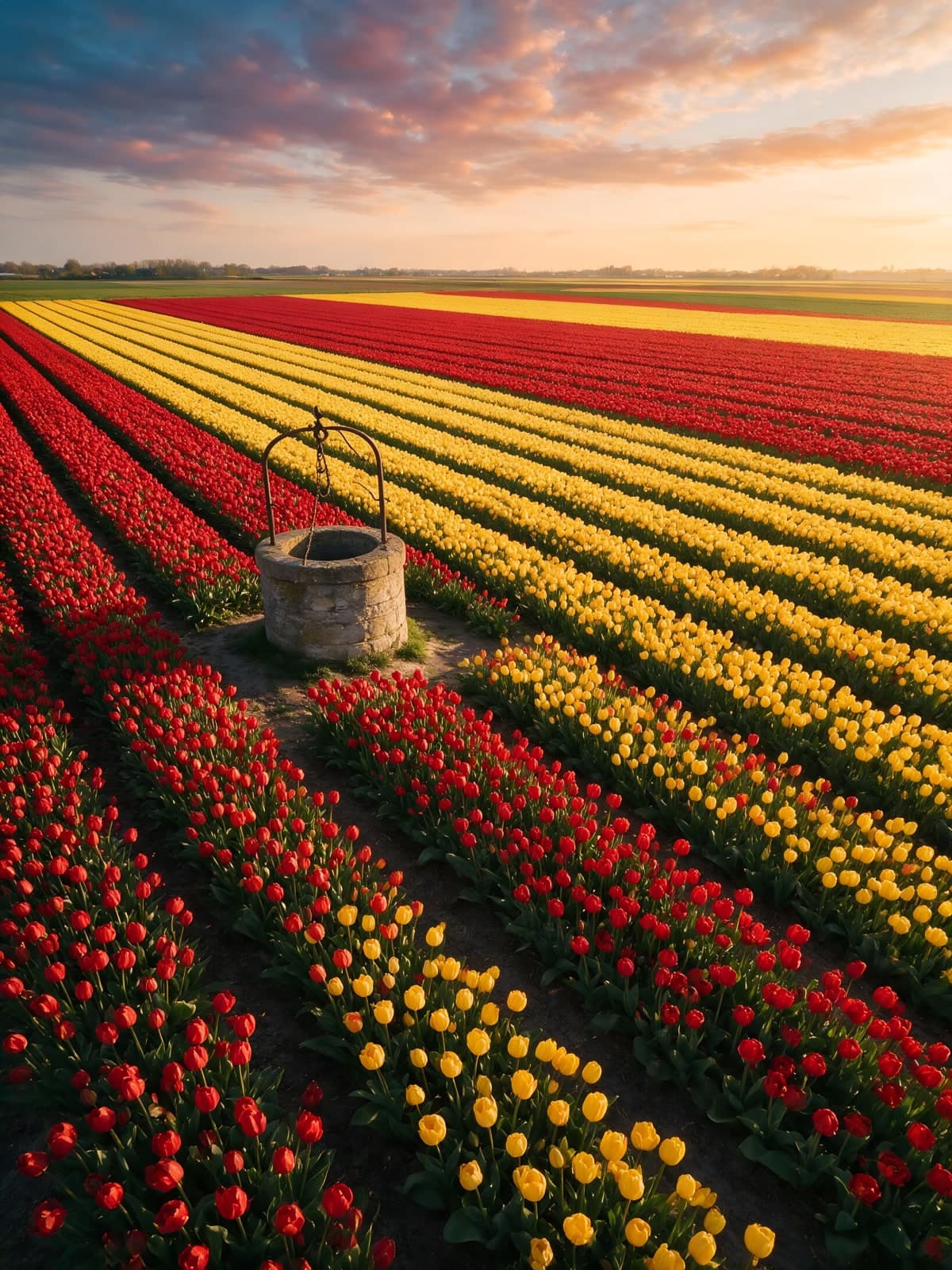 Rode en gele tulpen rond een put