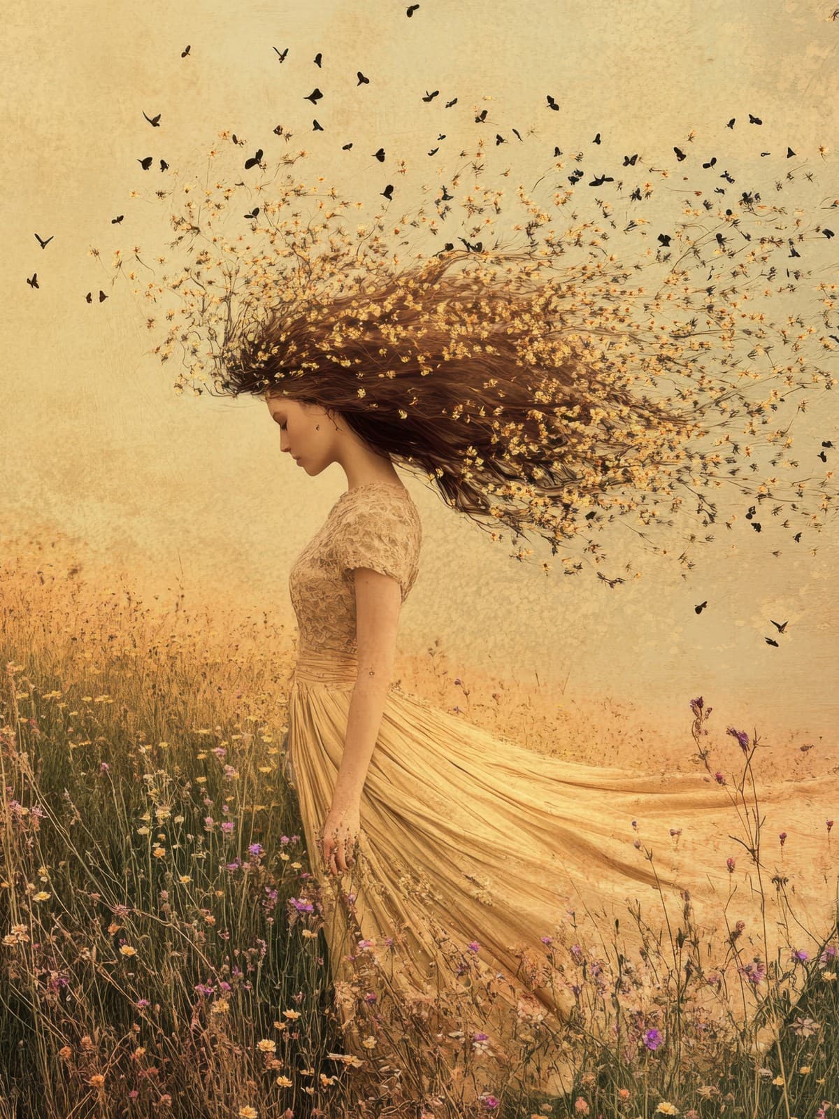 Vrouw in zomerjurk met haar van goud