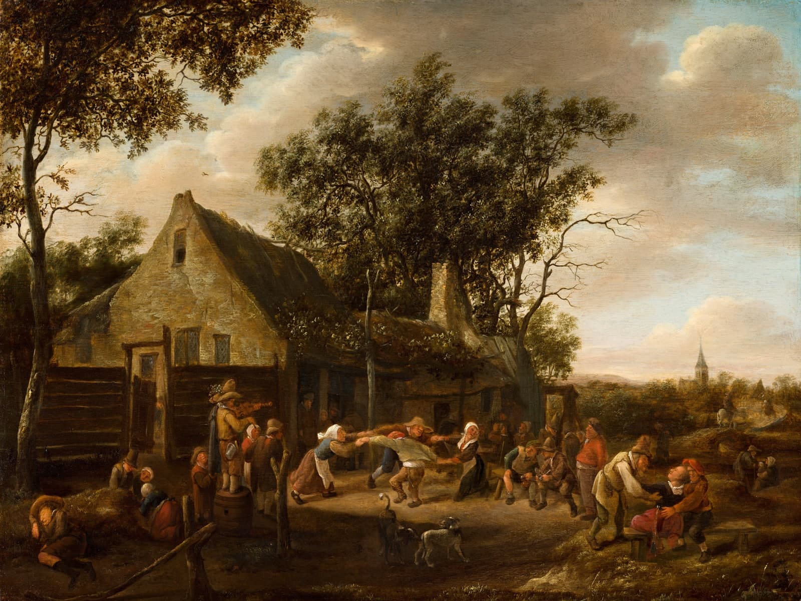 Dansende boeren voor een herberg