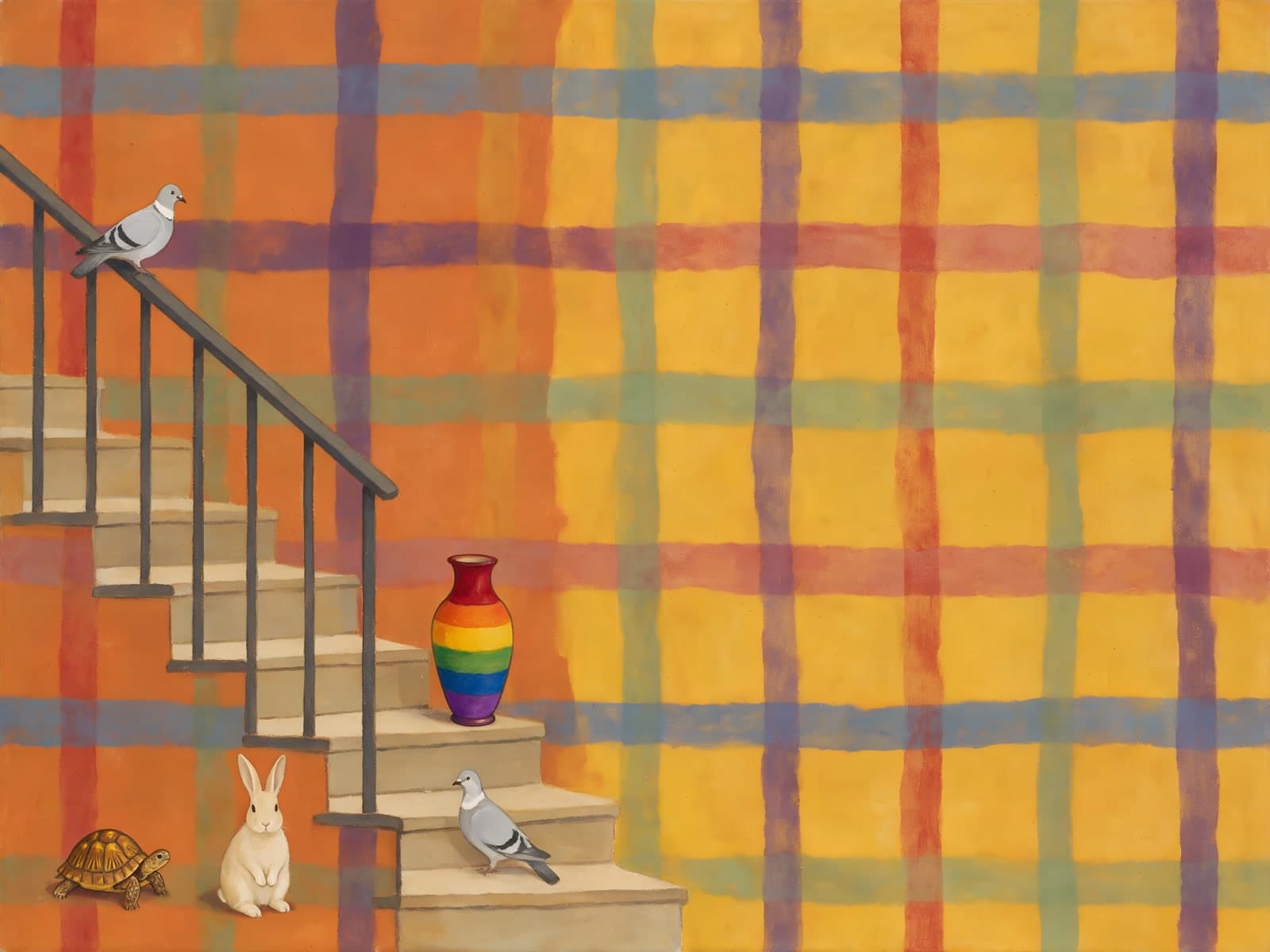 Trap met duiven, konijn en regenboogvaas