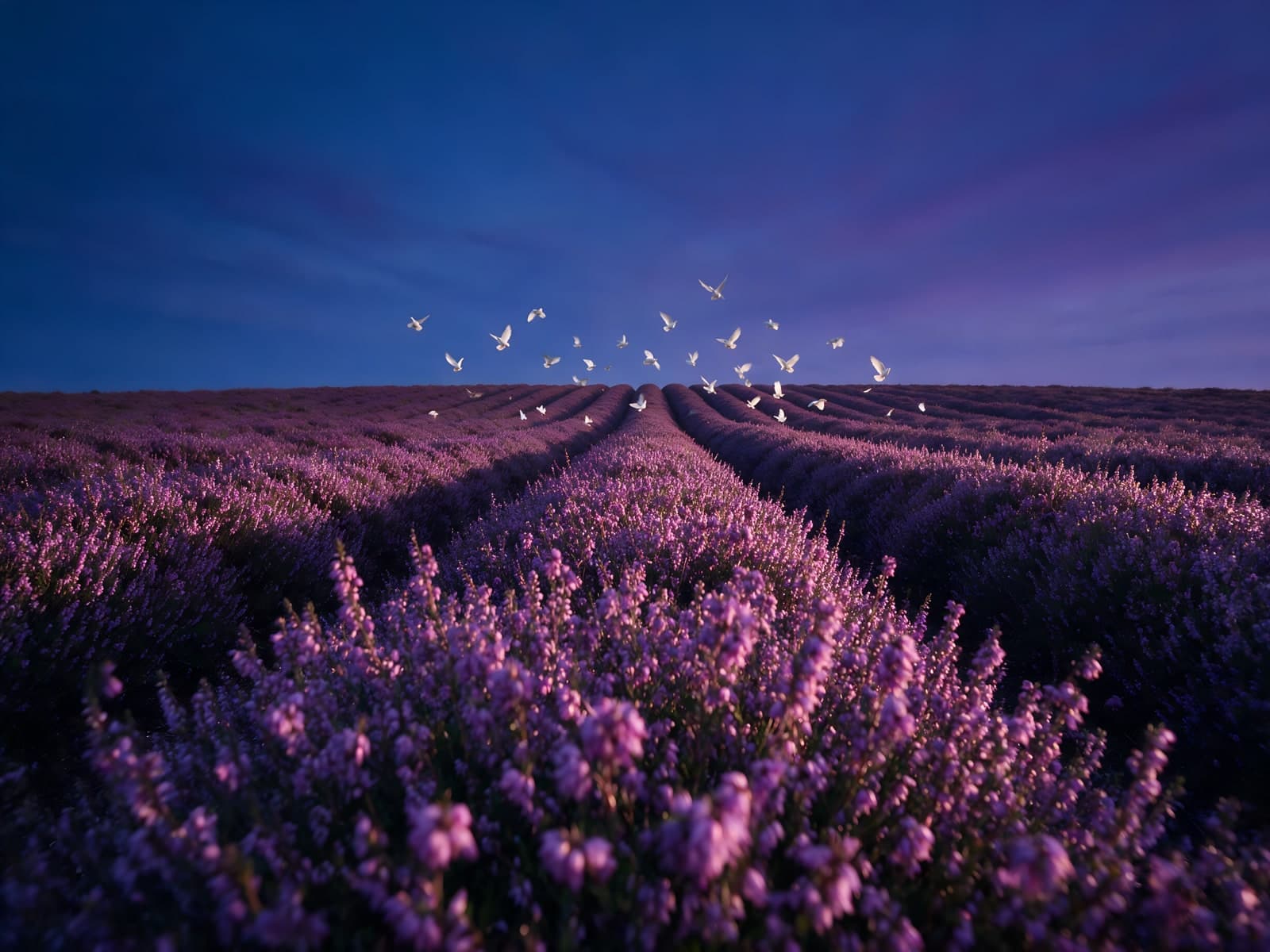 Lavendelveld met vogels bij schemering
