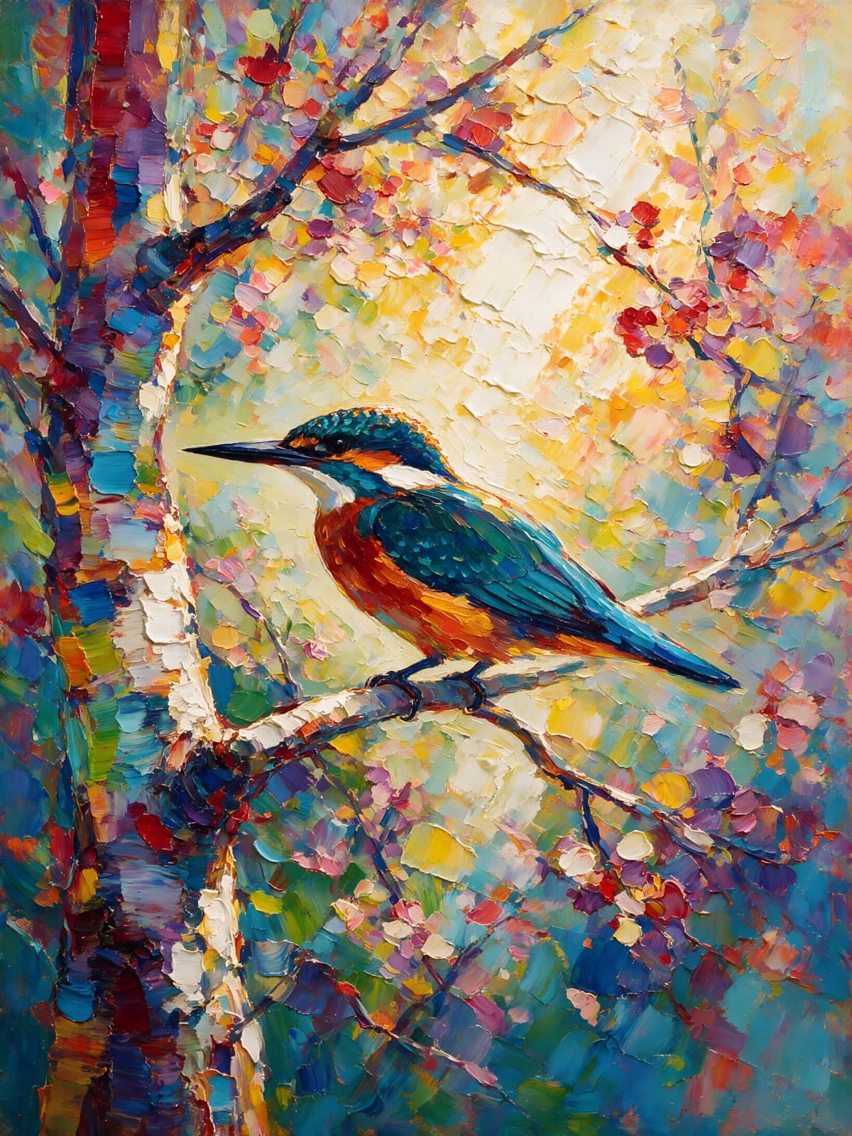 IJsvogel op een bloeiende berkentak