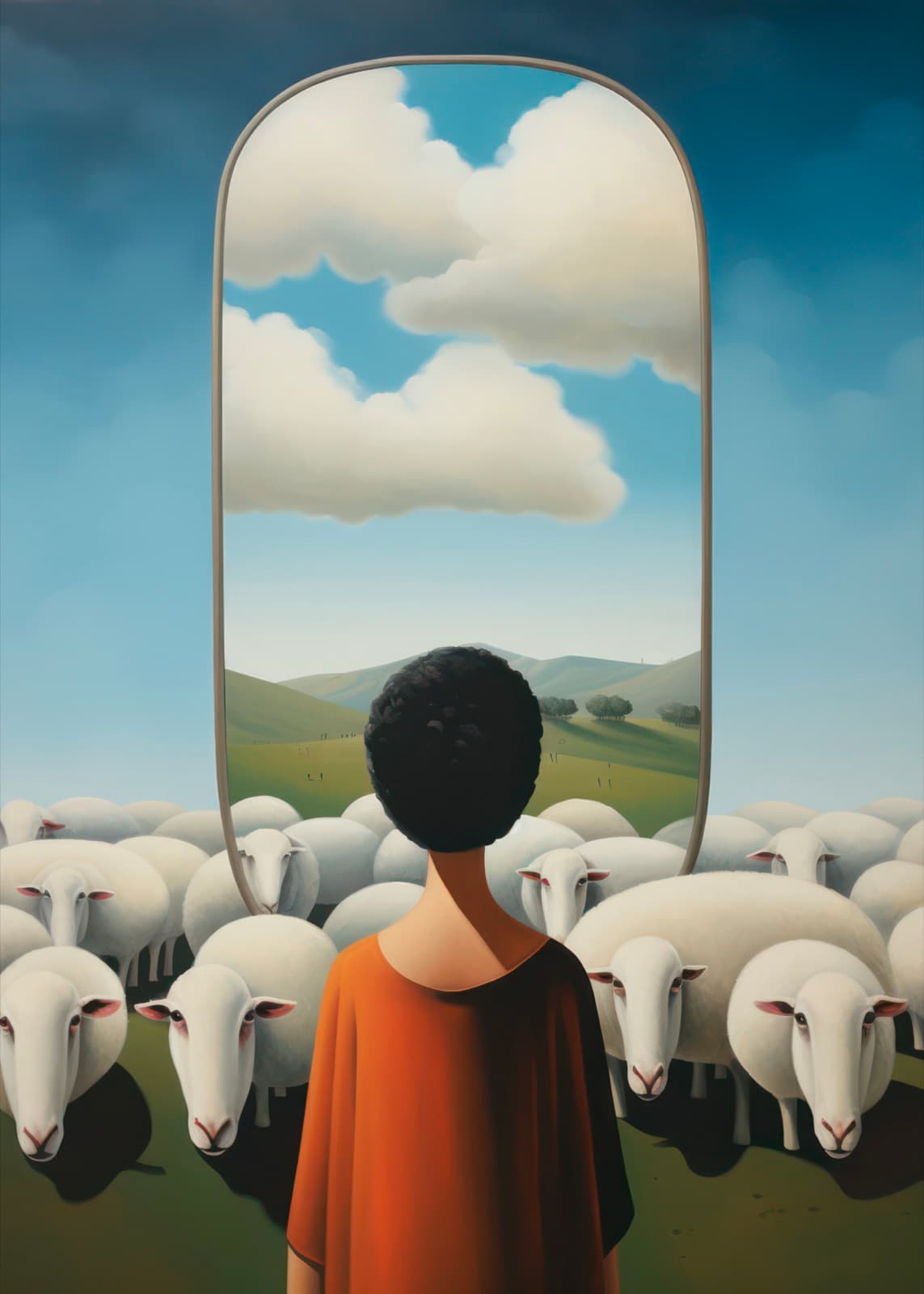 Man in oranje cape bij schapen
