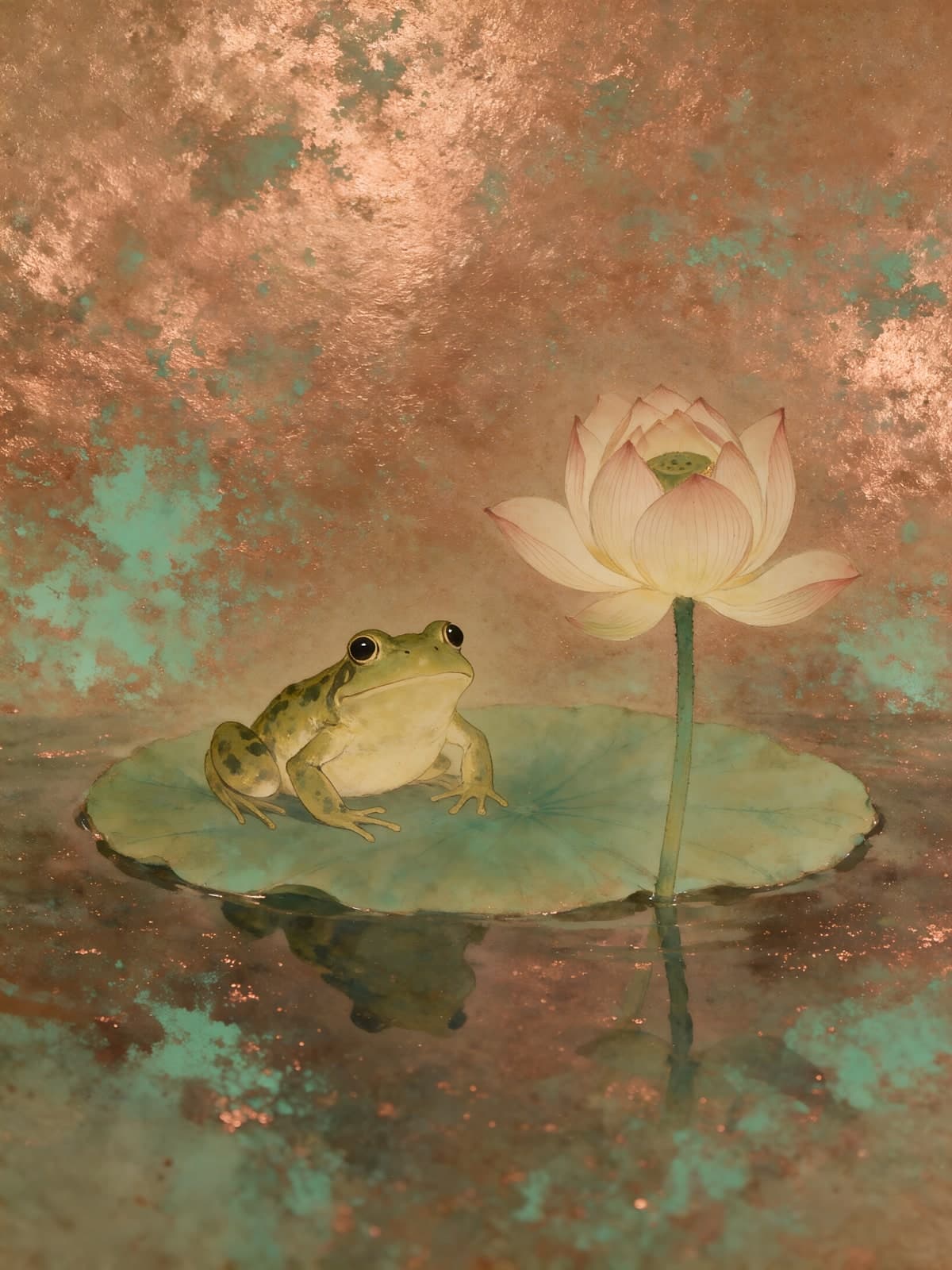 Kikker op een waterlelieblad naast lotusbloem