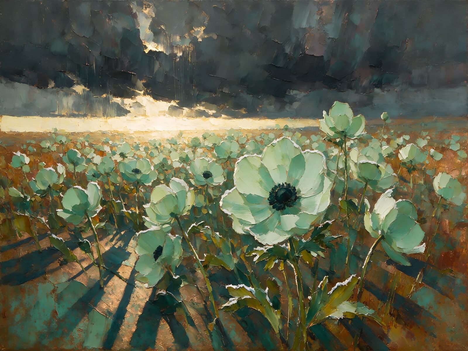 Witgroene bloemen onder een stormachtige lucht