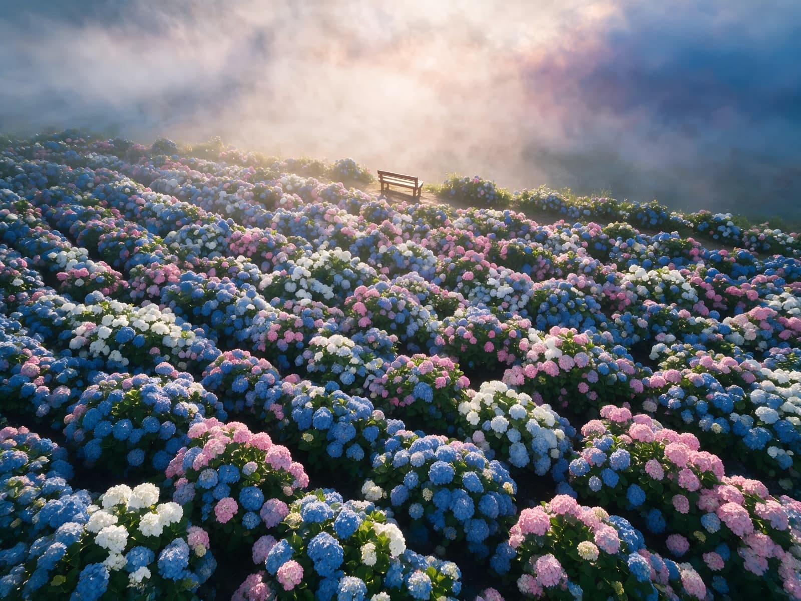 Hortensiaheuvel met een bankje in de mist