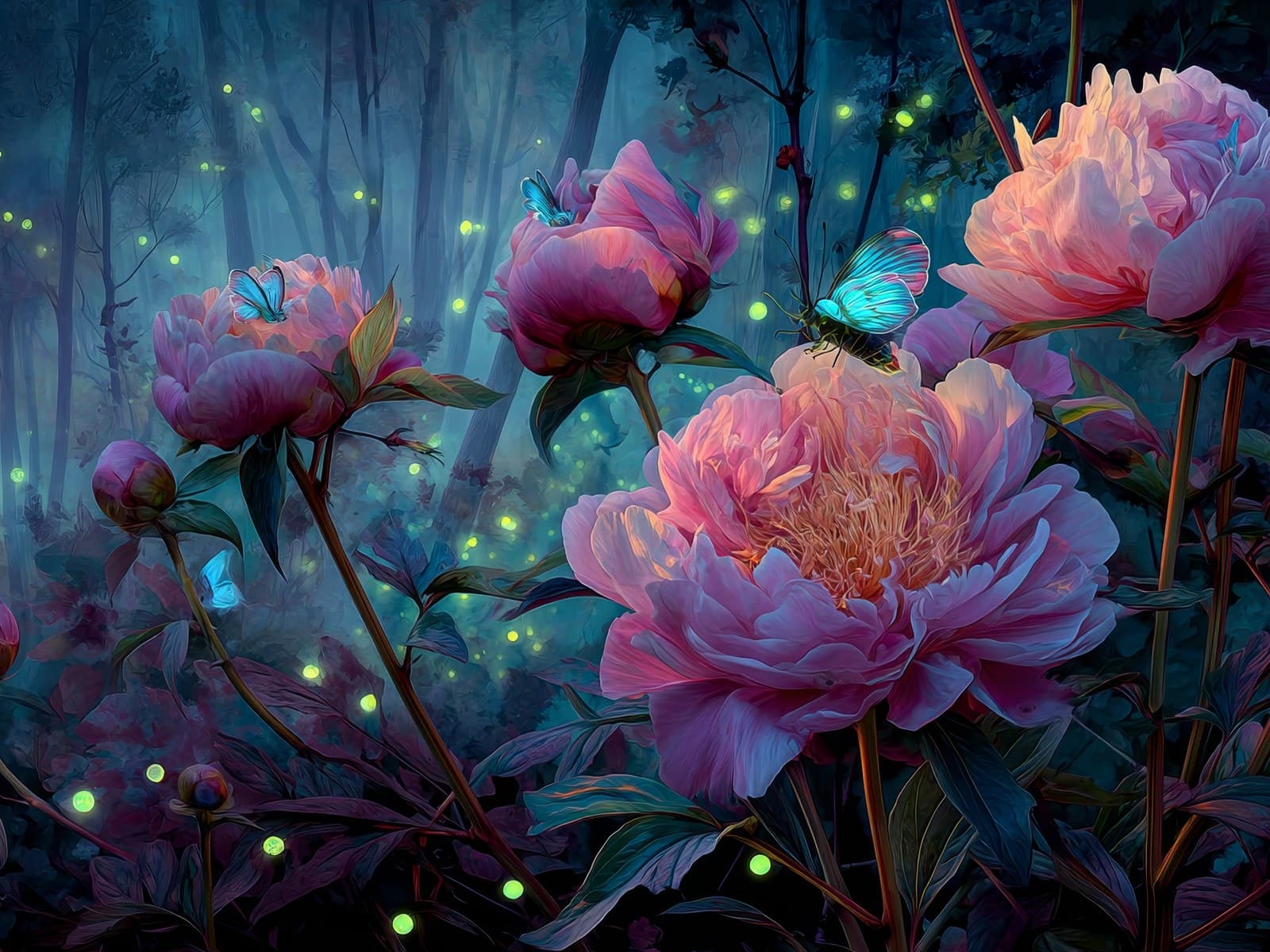 Roze pioenen met blauwe vlinders
