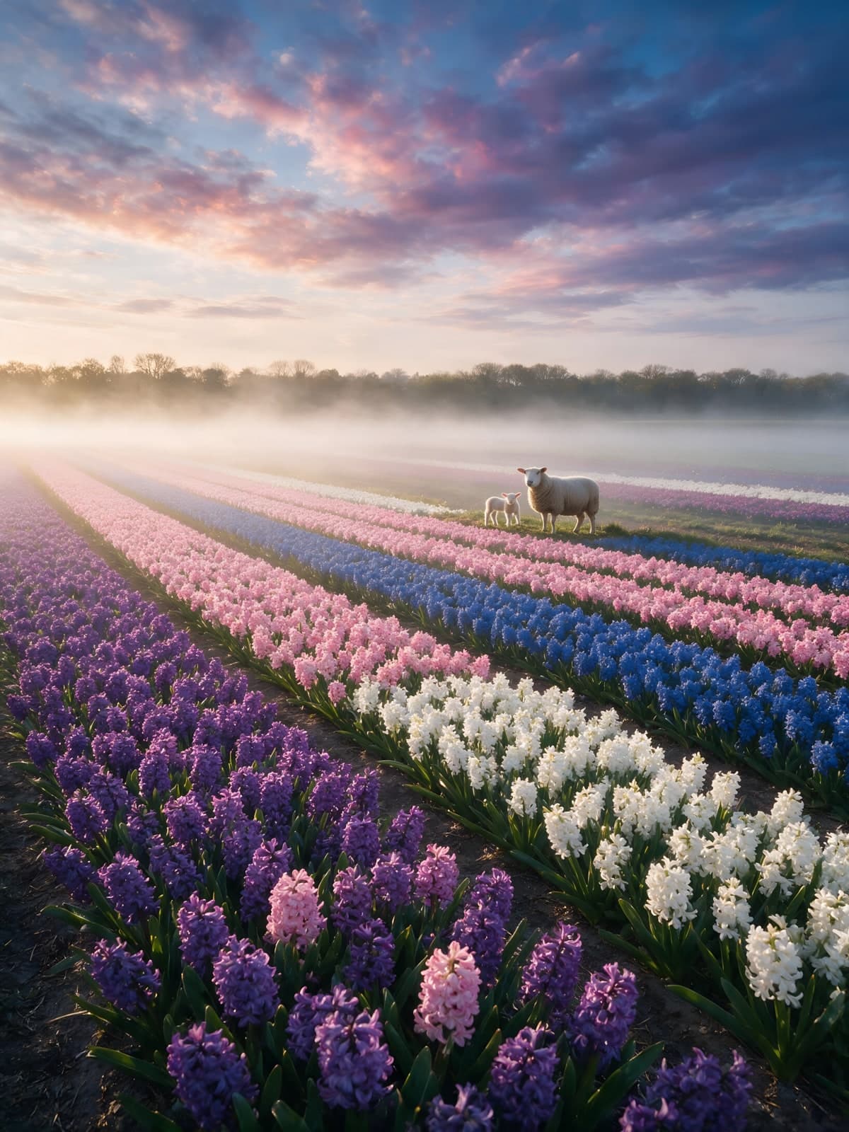 Hyacintenveld in ochtendmist met schapen