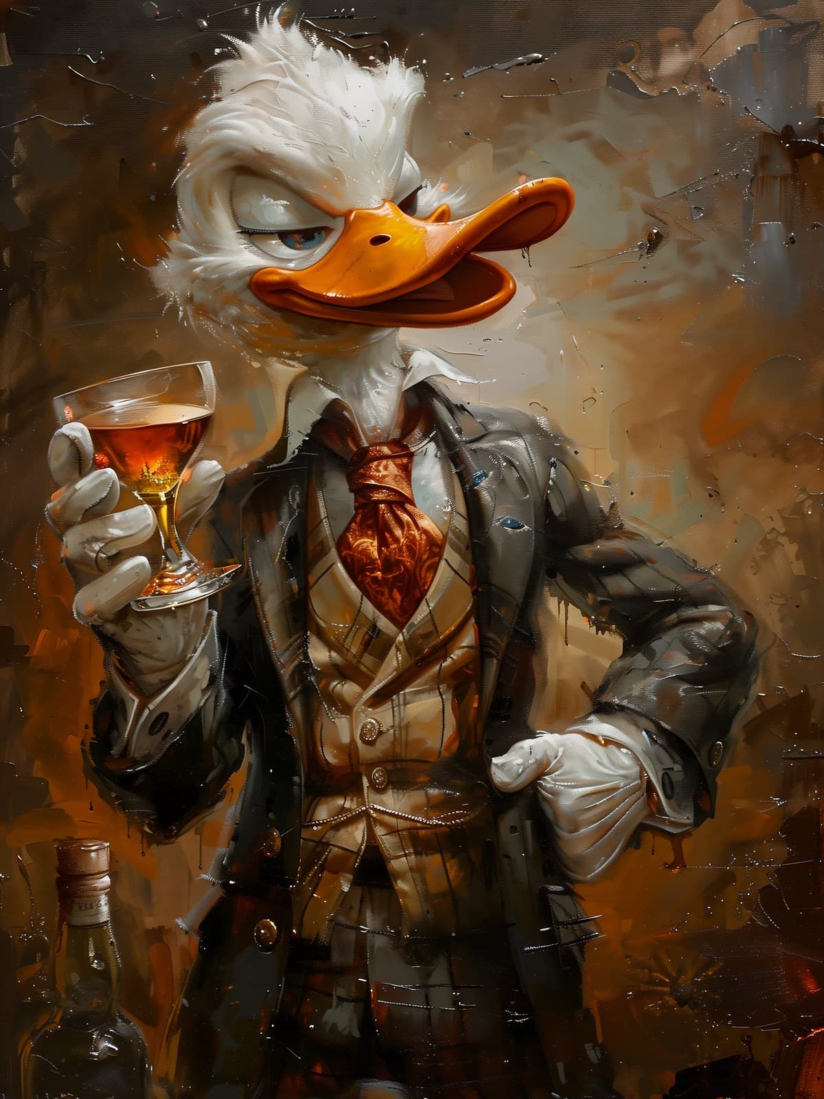 Eend in tweed pak met cocktailglas