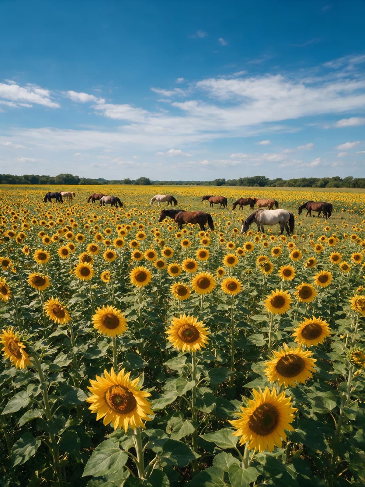 Zonnebloemenveld met grazende paarden
