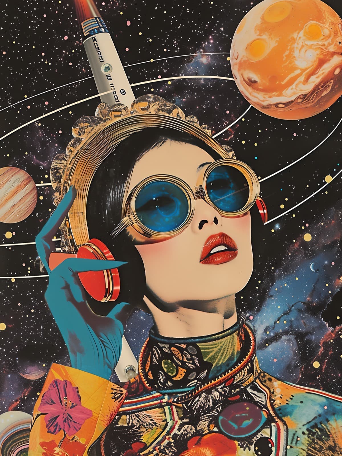Vrouw met zonnebril en koptelefoon bij planeten