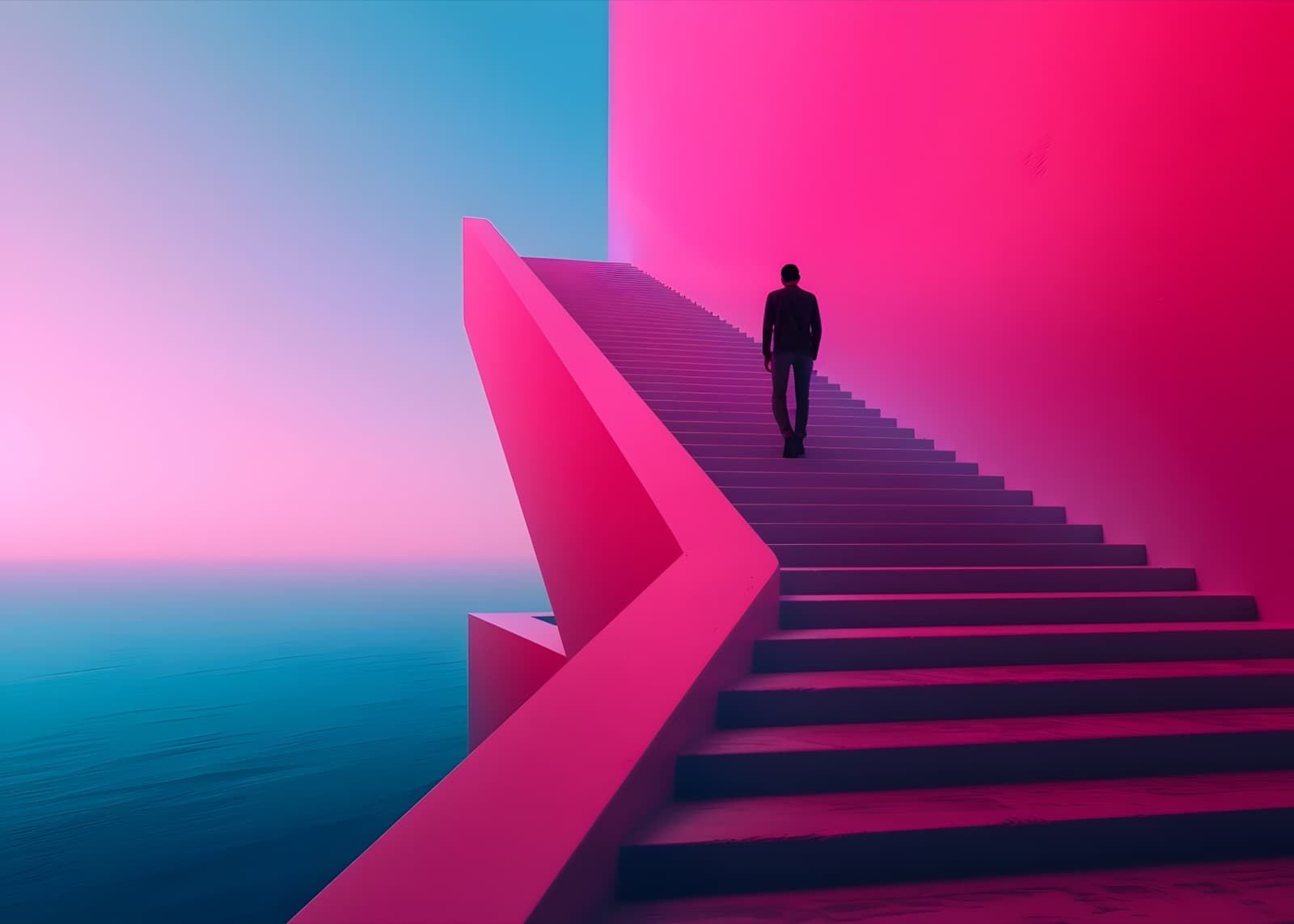 Man op roze trap langs blauwe zee