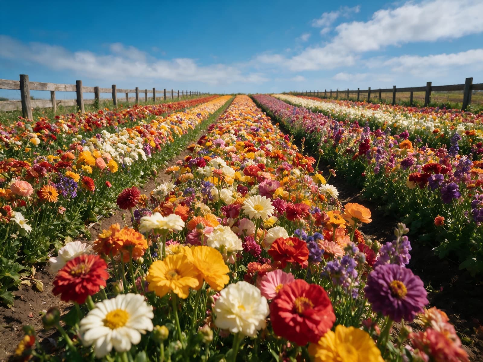 Rijen kleurige bloemen onder blauwe lucht