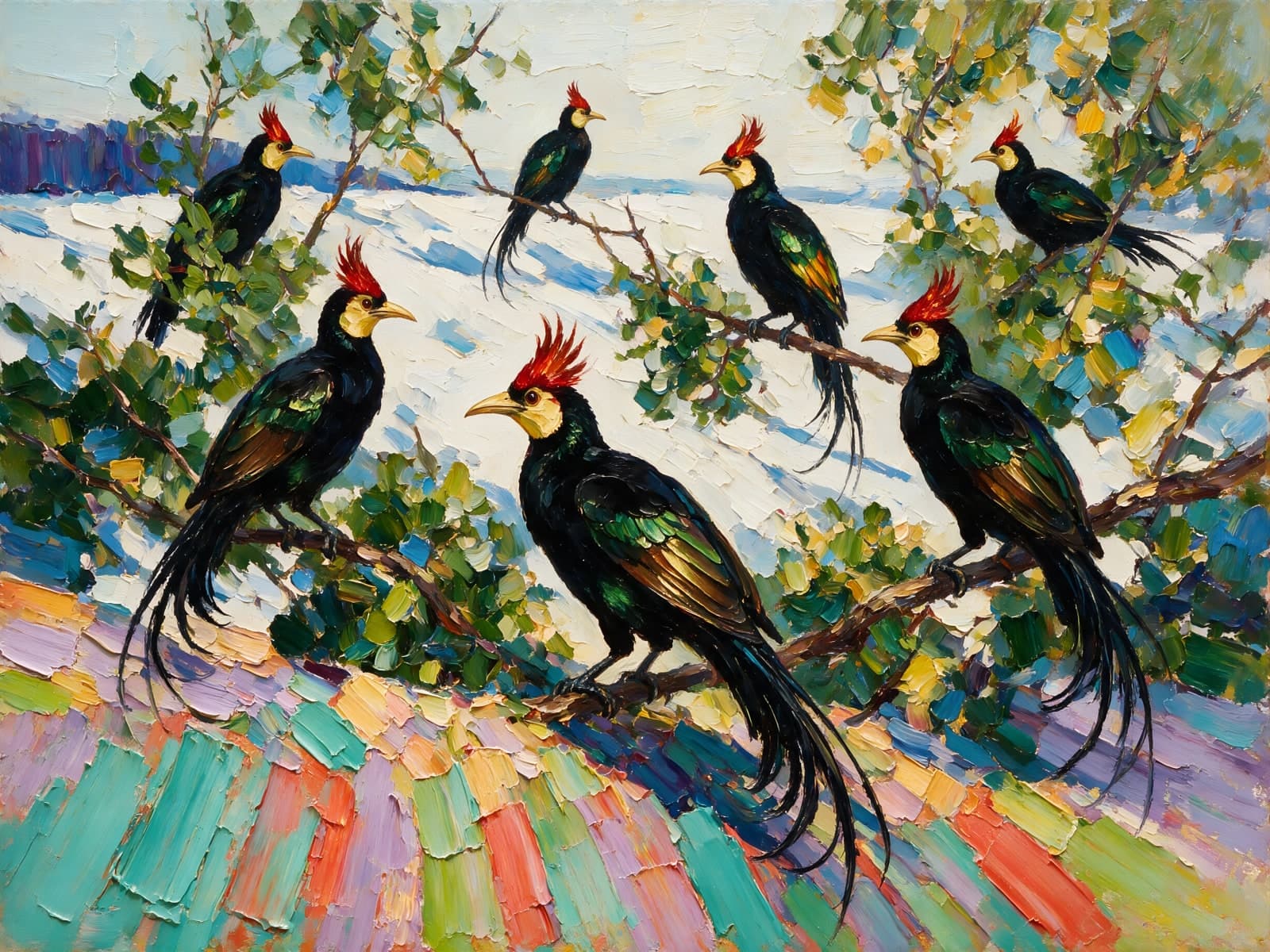 Groene vogels met rode kuif