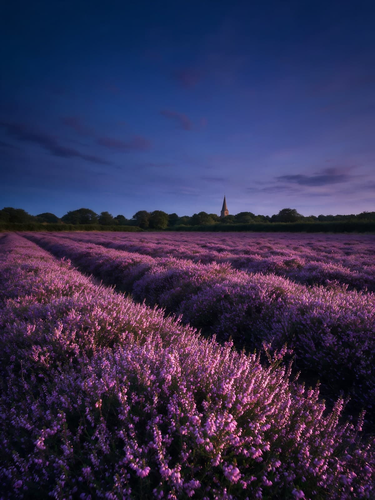Lavendelveld met kerktoren onder paarse avondlucht