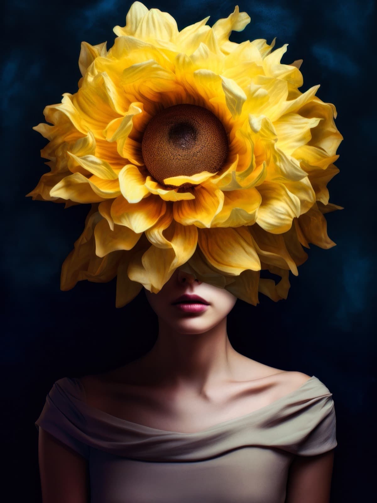 Gele zonnebloem over de ogen van vrouw