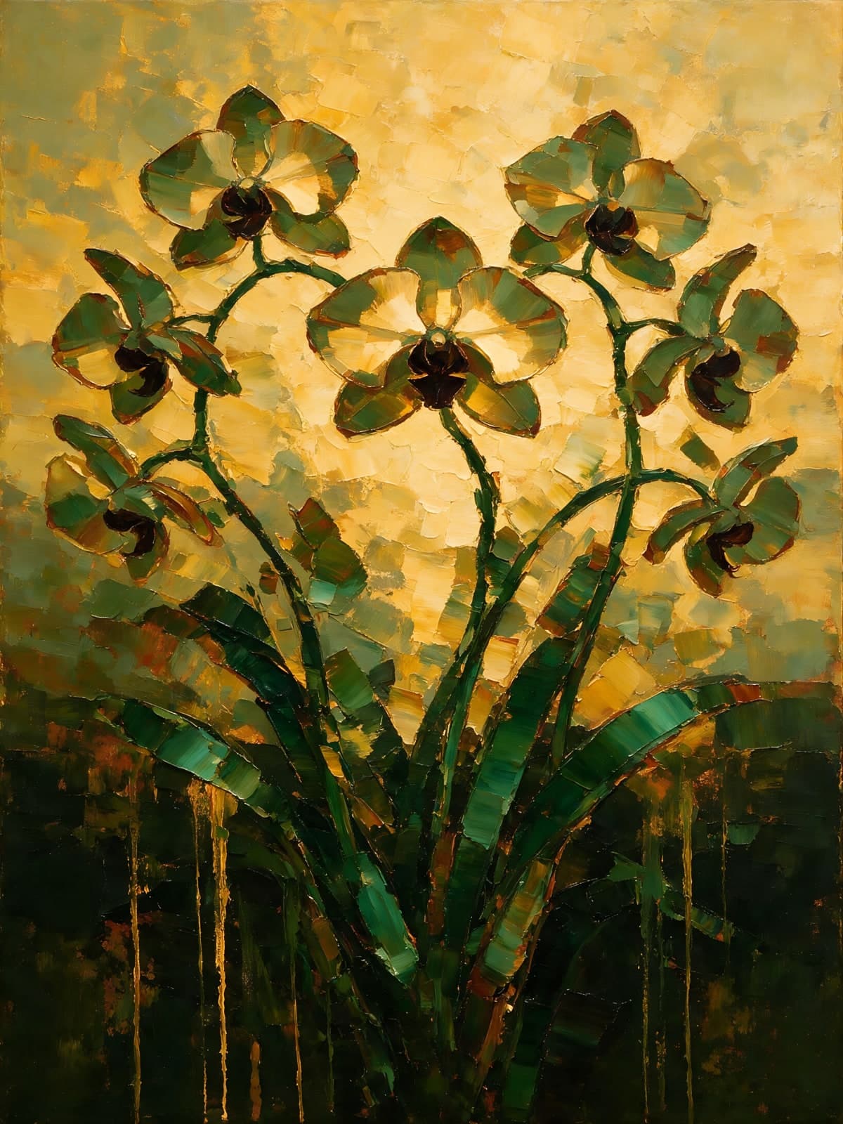 Groene bloemen tegen een gouden mozaïekachtig vlak