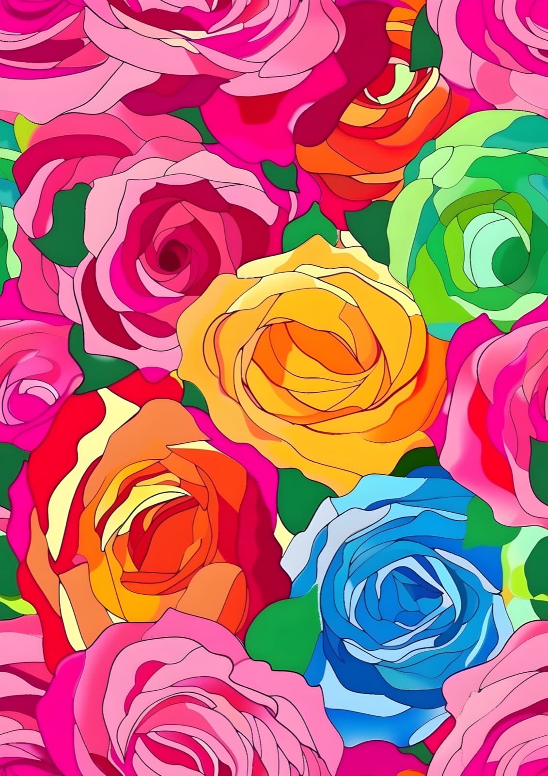 Gekleurde rozen in roze, oranje en blauw