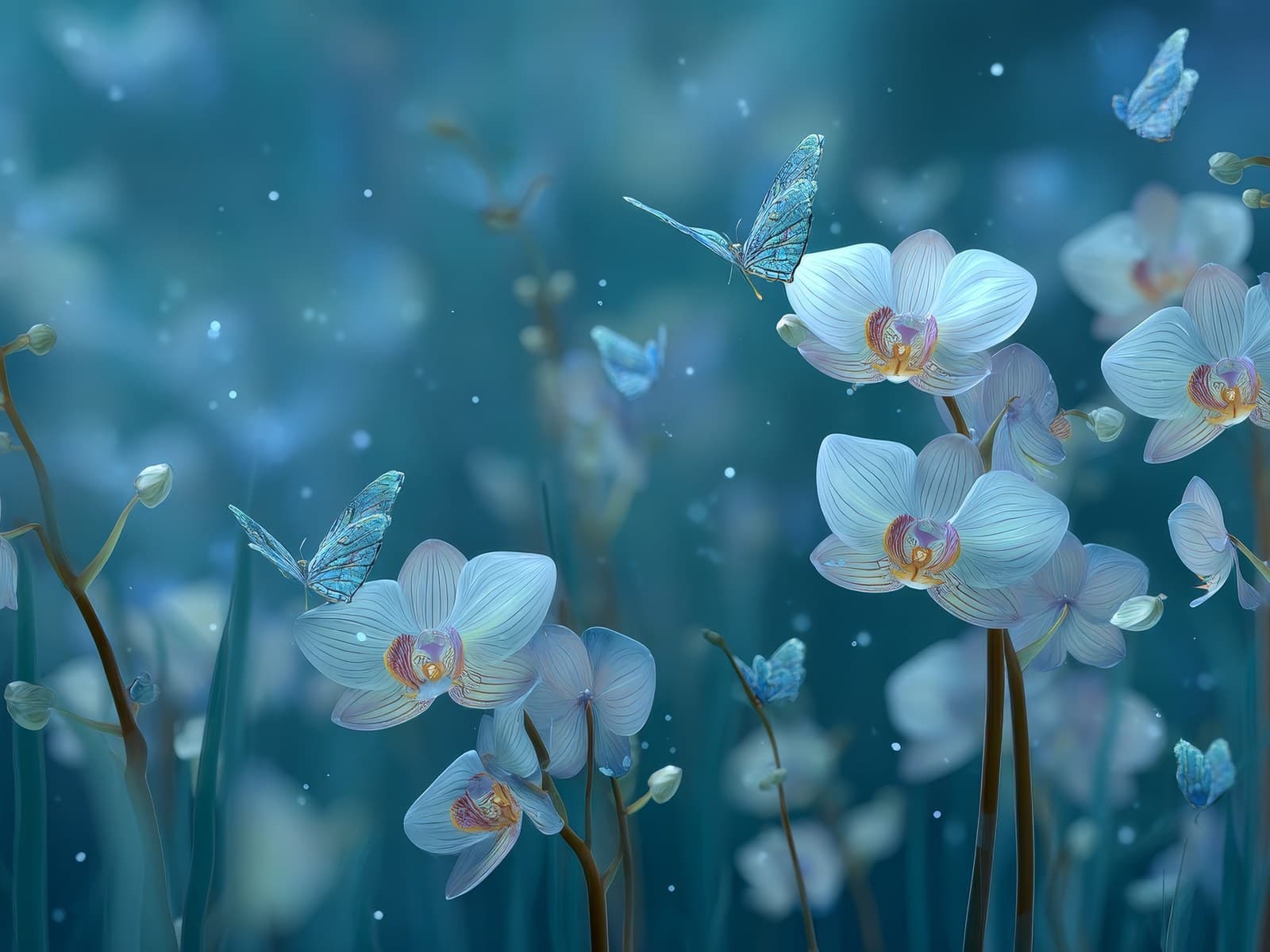 Witte orchideeën en blauwe vlinders in turkoois
