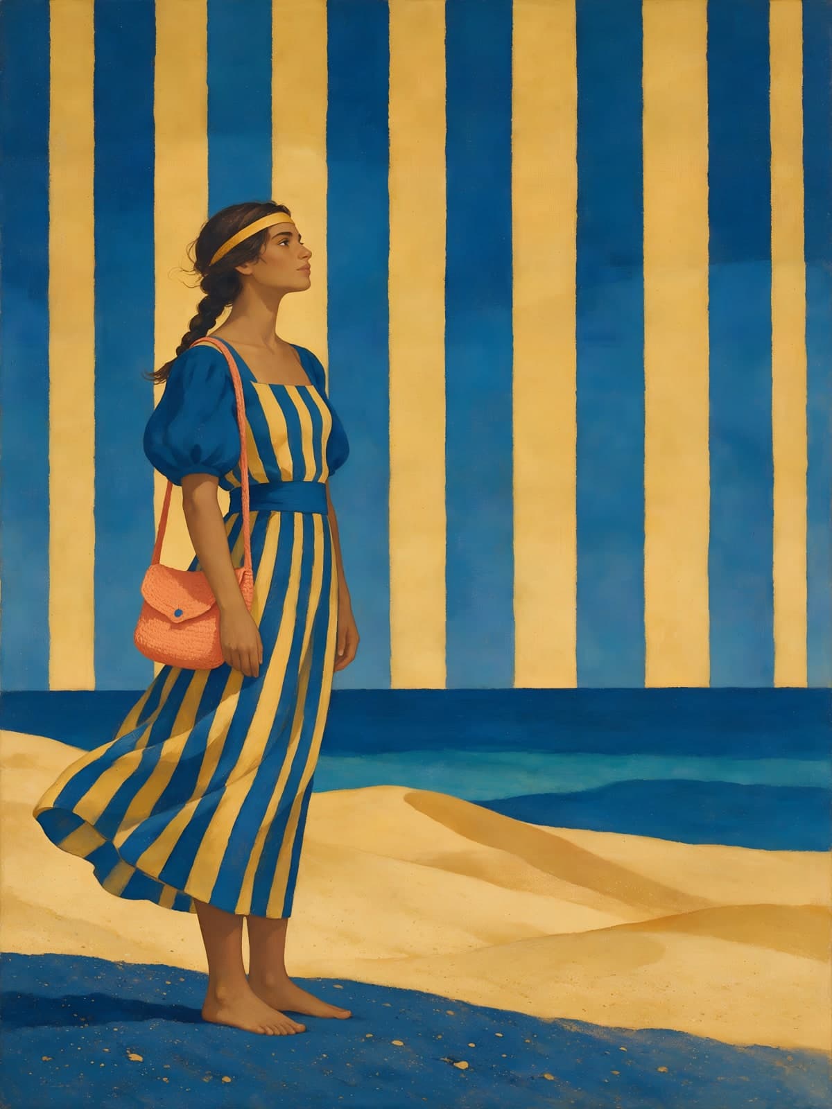 Vrouw in gestreepte jurk op het strand