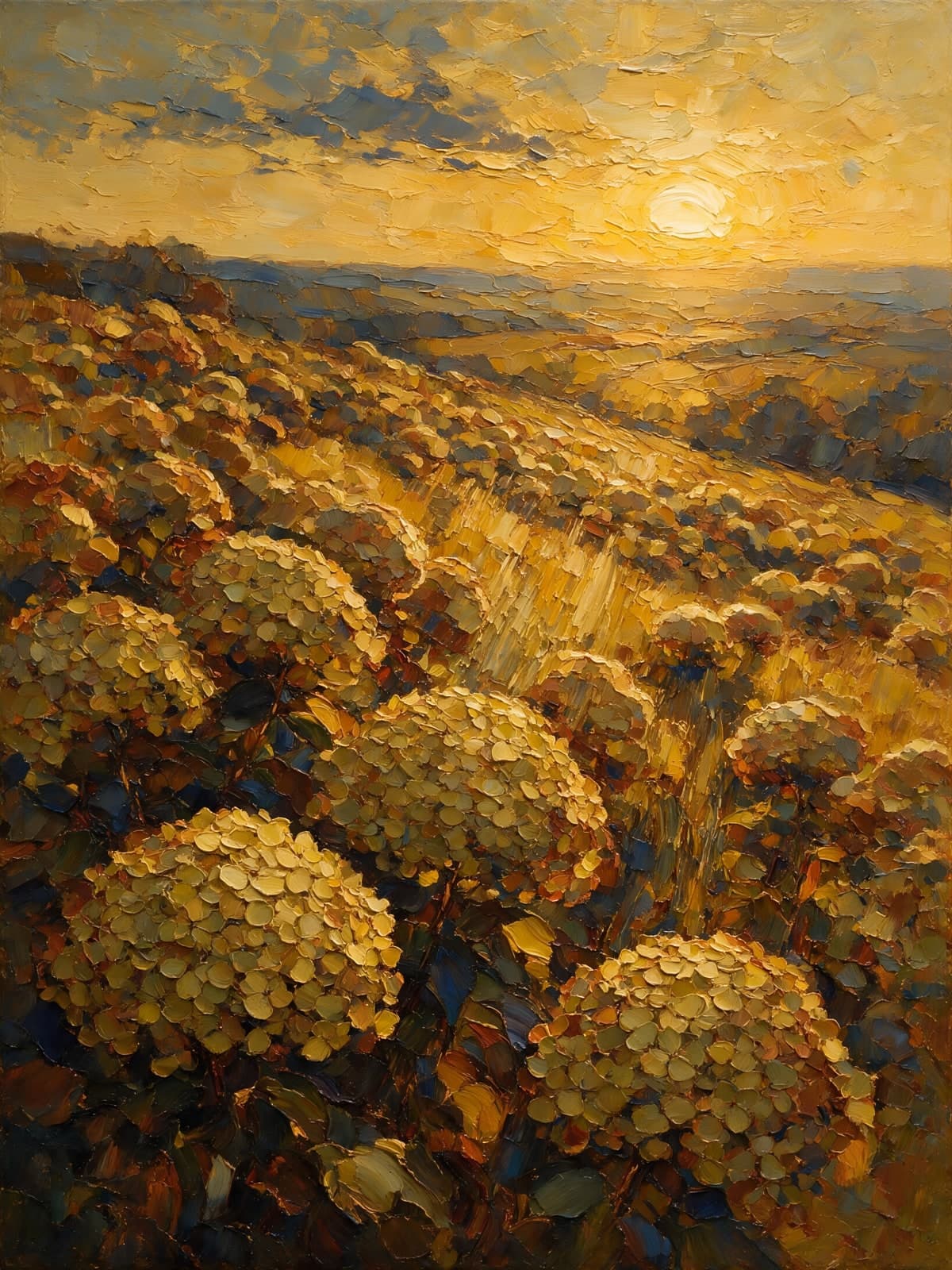 Gele hortensia's op een heuvel bij zonsondergang