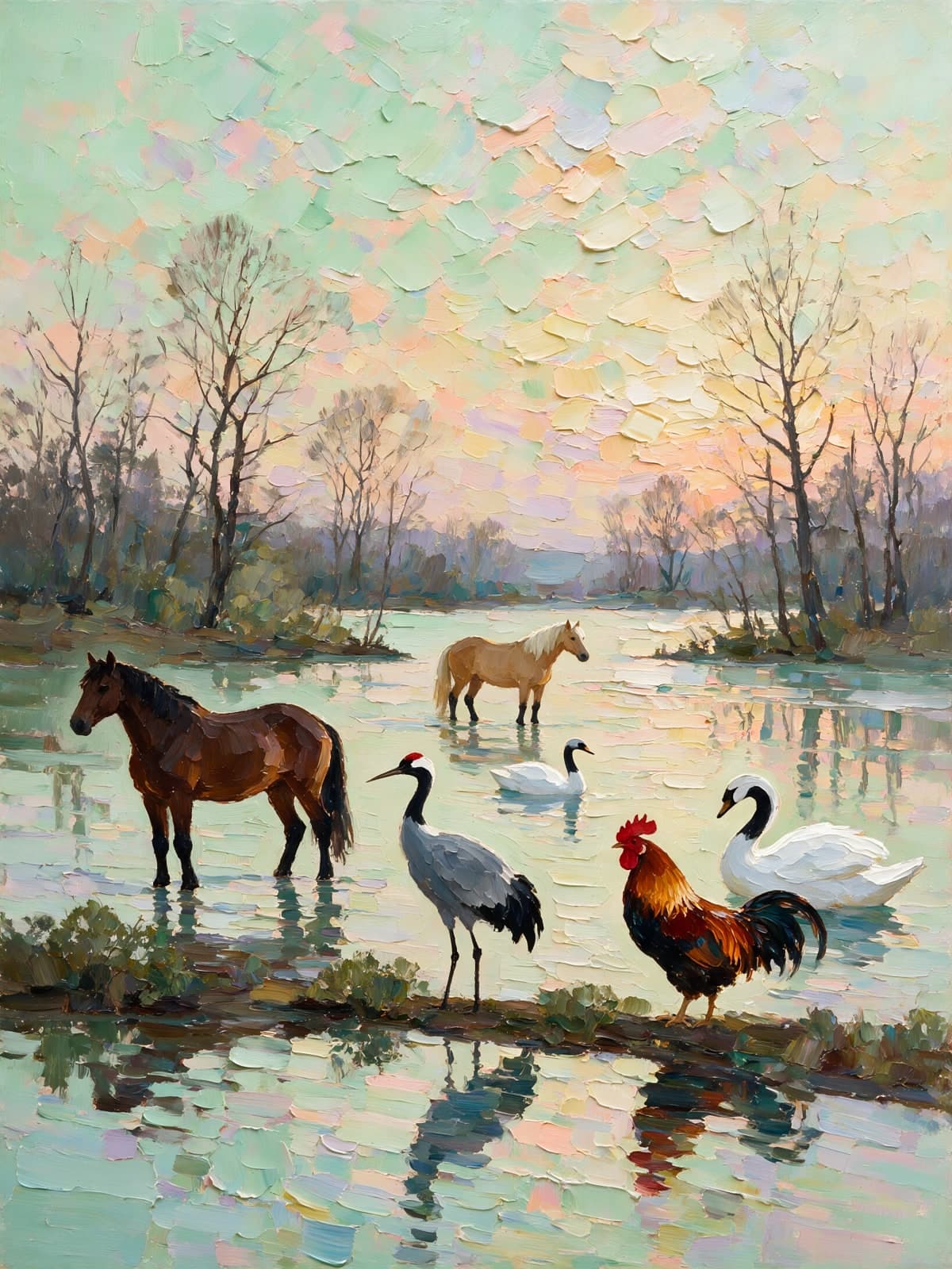 Paarden, zwaan en haan in ondiep water