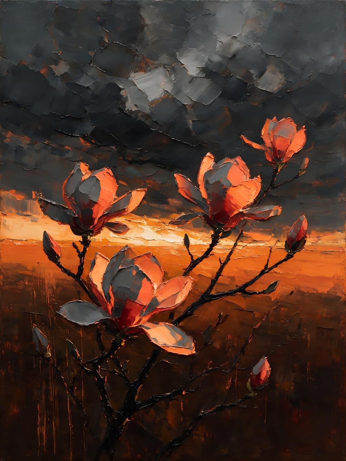 Oranje magnolia's onder een stormachtige lucht