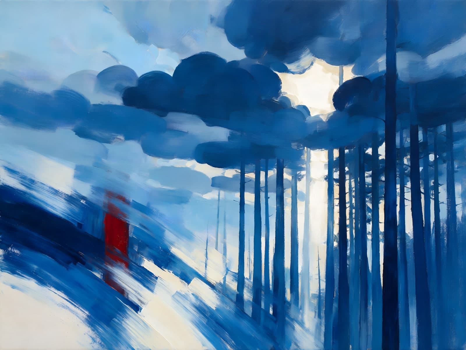 Blauwe stammen onder bolle wolken