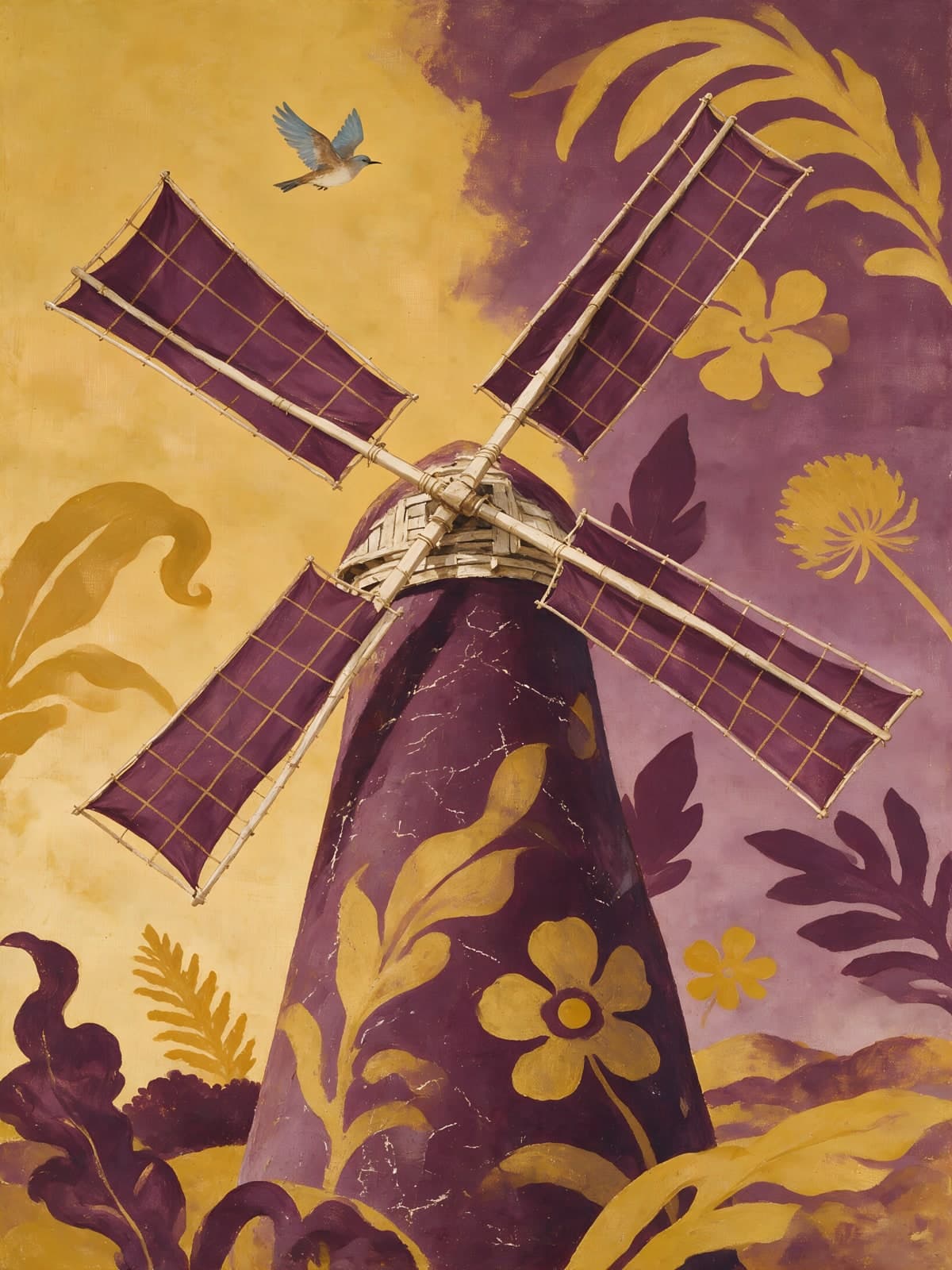 Paarse windmolen tussen gouden bloemen