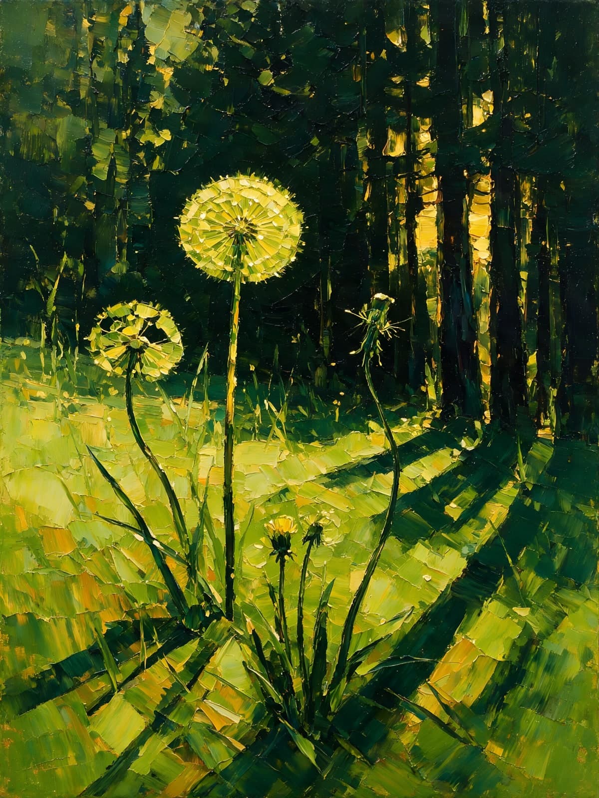 Paardenbloemen in zonlicht aan de bosrand