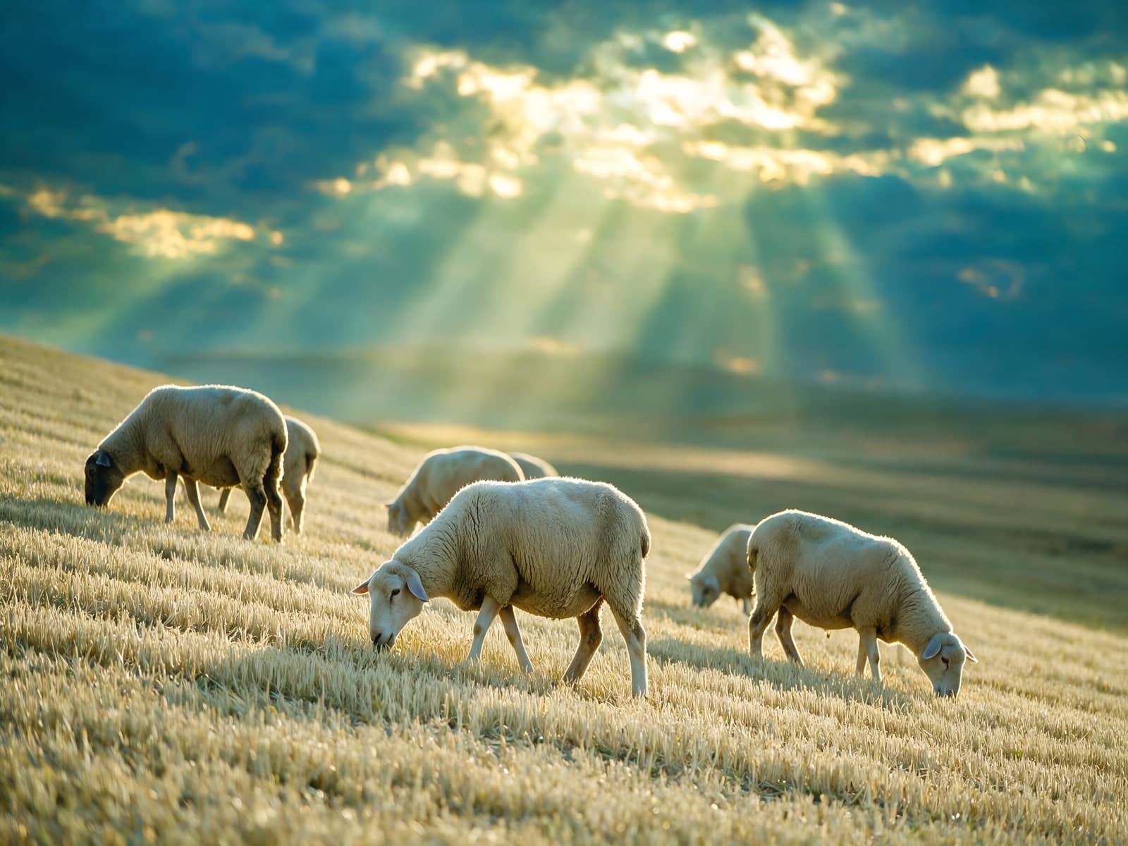 Grazende schapen in stralen van zonlicht