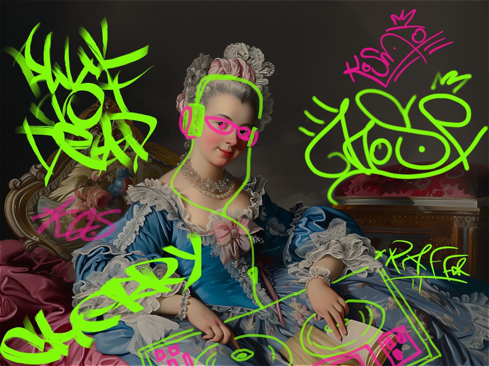 Dame in blauwe jurk met groene graffiti