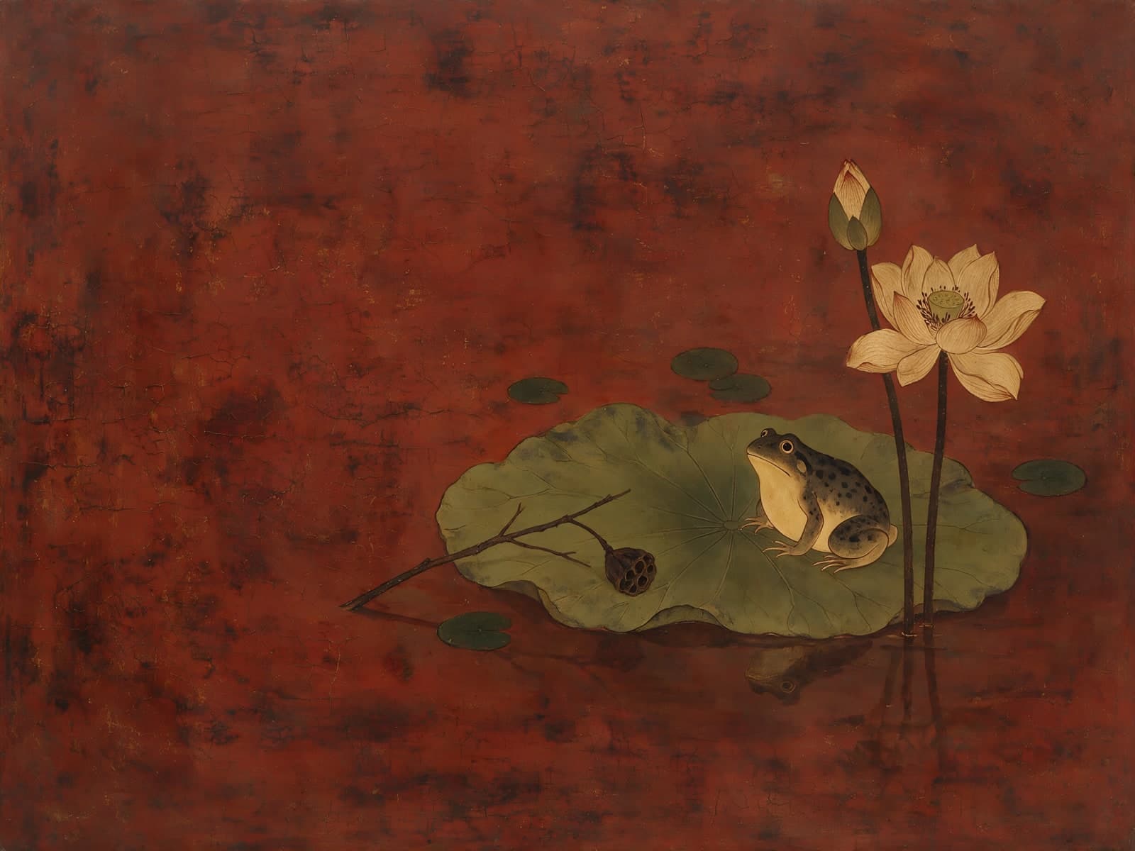 Kikker op een lotusblad naast een bloem